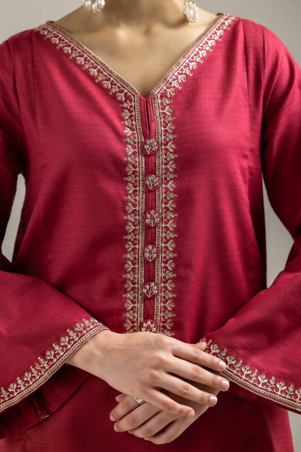 Embroidered Cotton Dobby Maroon V-Neck Kurta - 1-26-142-A-H-VG
