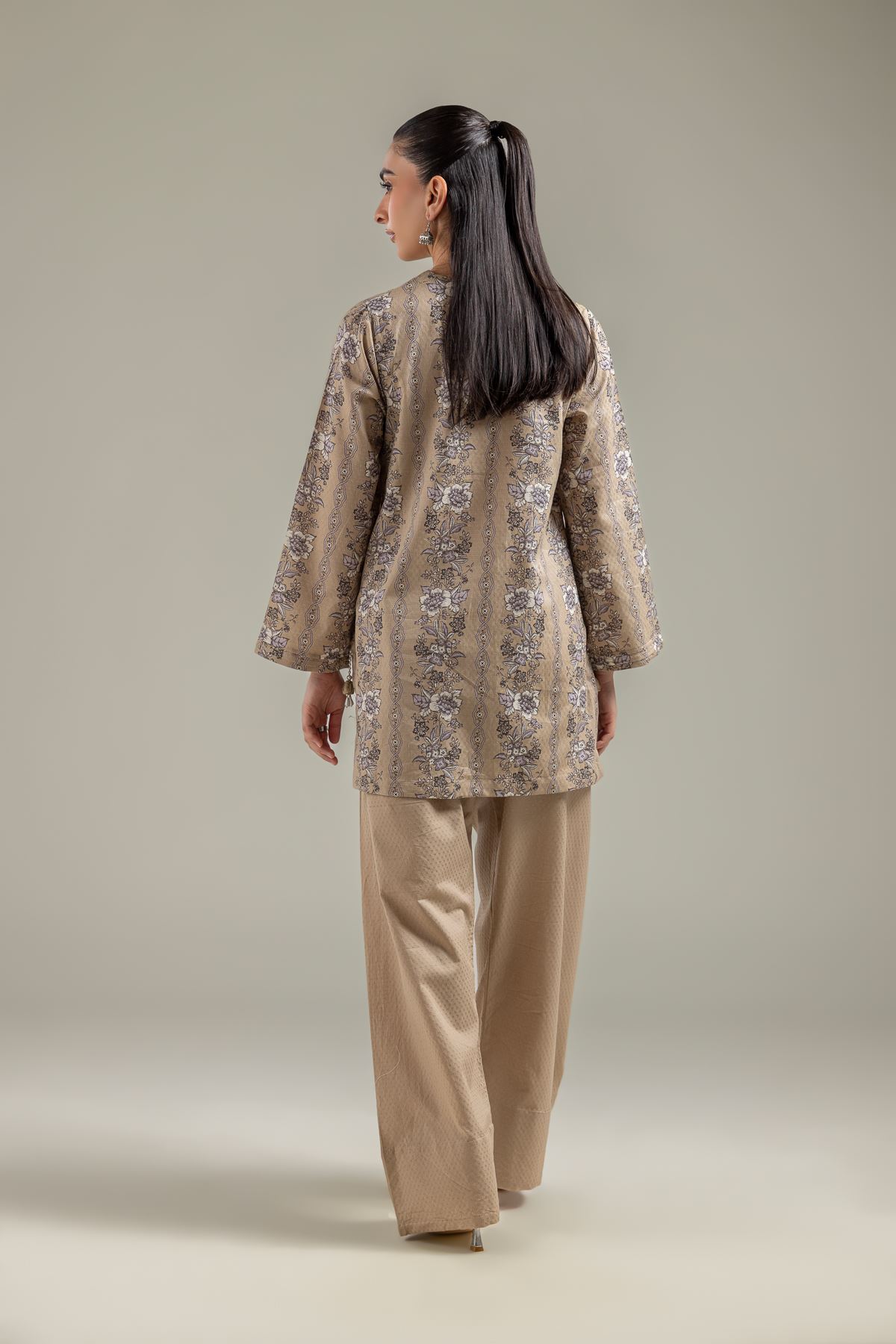Embroidered Cotton Dobby Beige V-Neck Kurta - 1-26-142-A-B-VG