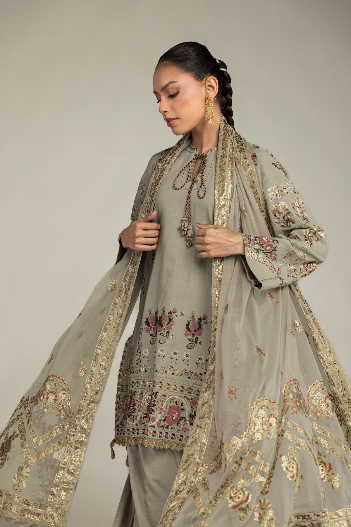 Embroidered Raw Silk 3-piece Co-ords Set - T-A11-26-118FI2-VG