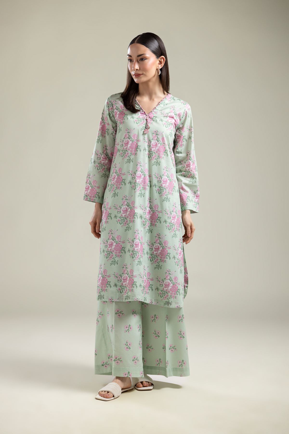 Printed Cotton Viscose Floral Mint Pants - 1-26-139-A-E-VG