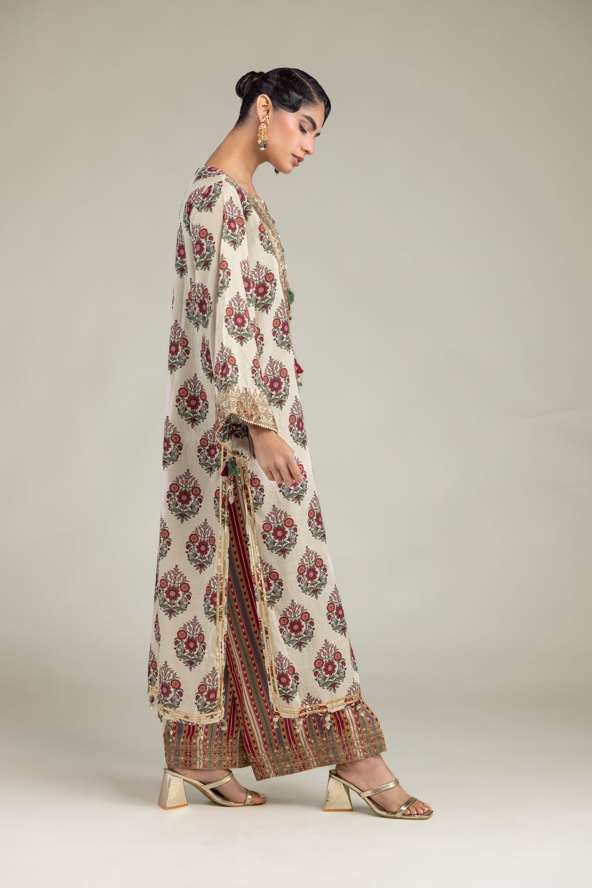Embroidered Raw Silk Long Floral Kurta - B1-2-26-106-A-C-VG