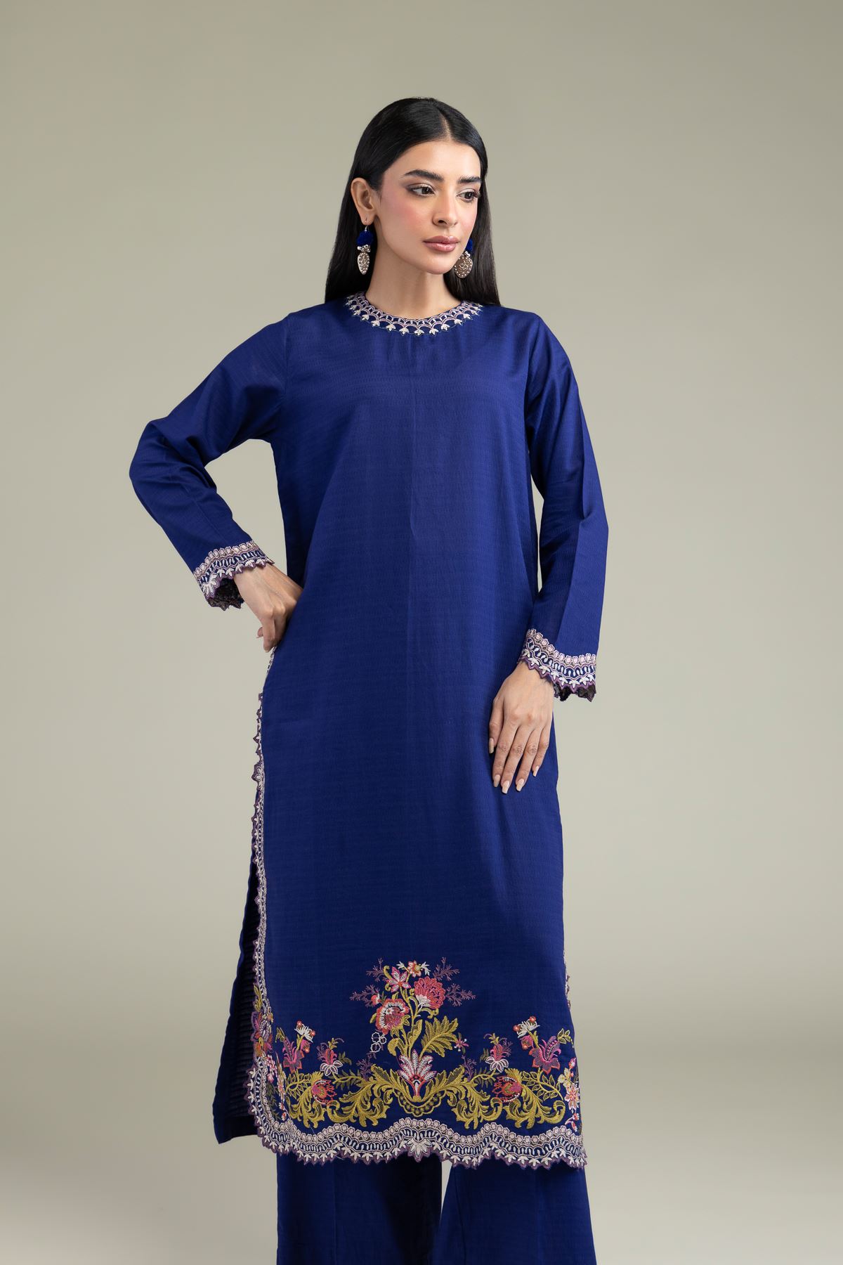 Embroidered Cotton Dobby Floral Scalloped Kurta - T-A11-26-107FA1-VG