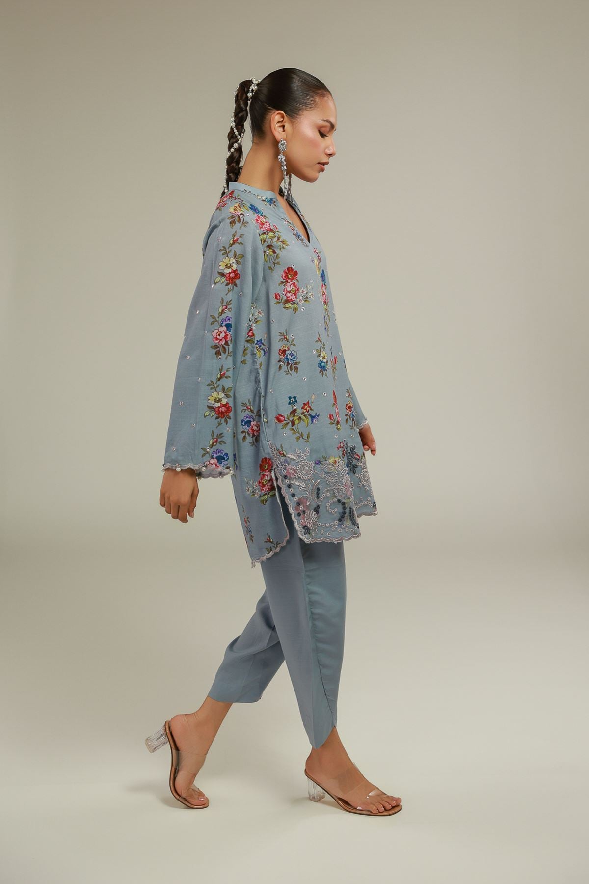 Embroidered Raw Silk Blue Silk Pants - 1-26-114-A-E-VG