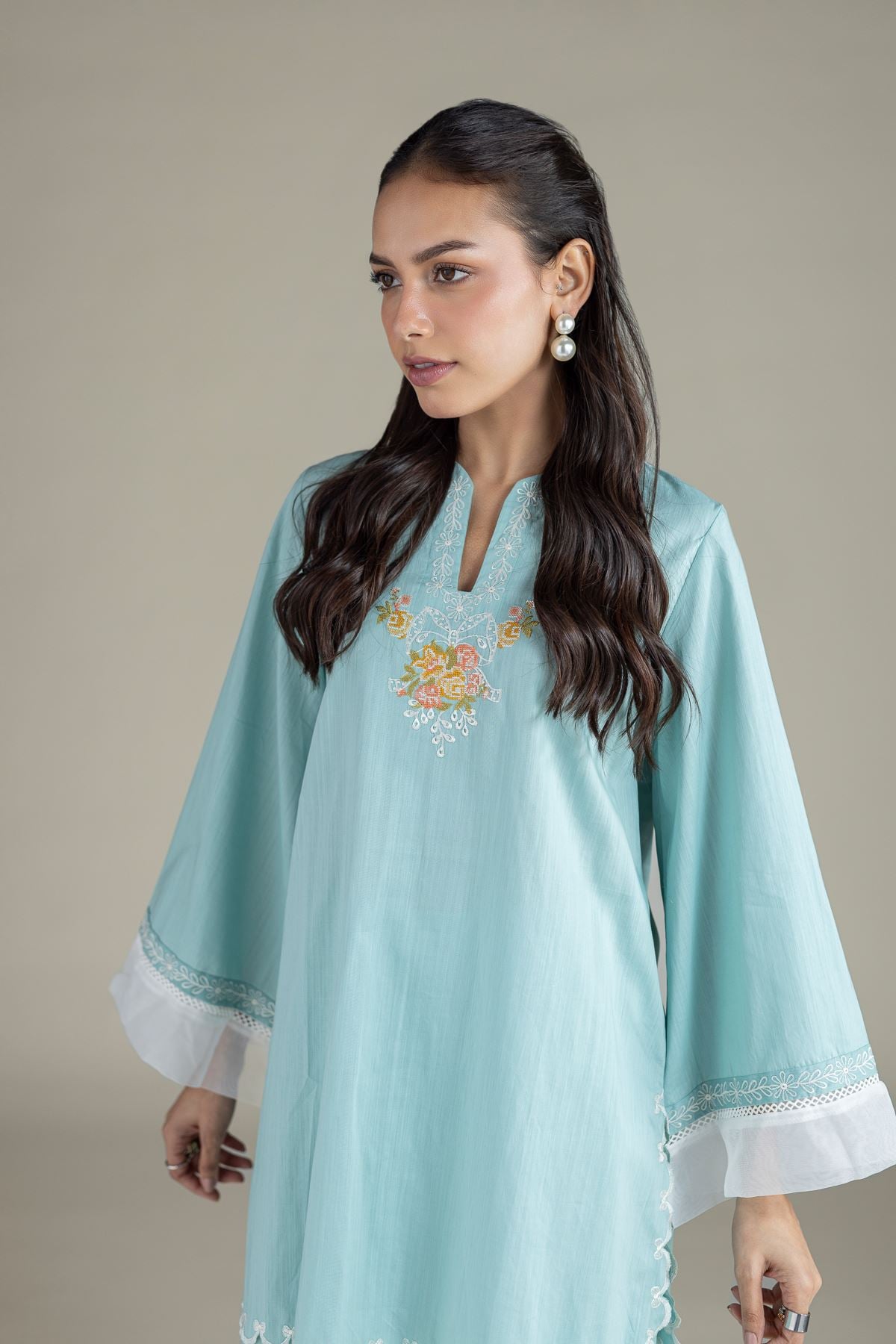 Embroidered Textured Cambric Short Floral Kurta - 1-26-108-A-F-VG