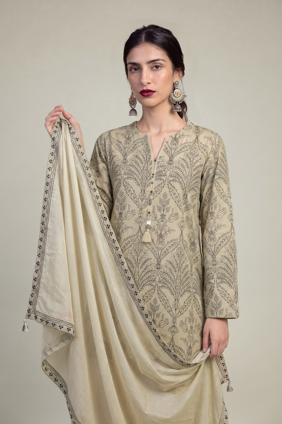 Embroidered Polyester Silk Beige Silk Dupatta - 1-26-309-B-D1-VG