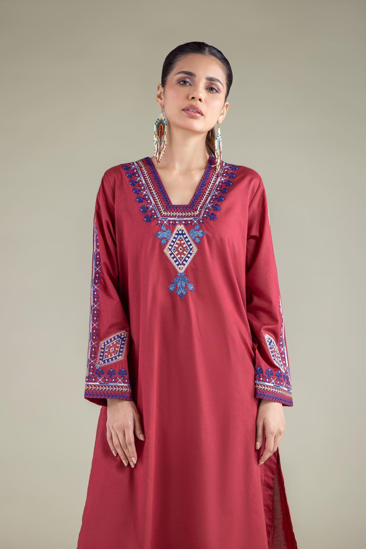 Embroidered Cambric V-Neck Geometric Kurta - 1-26-137-A-F-VG