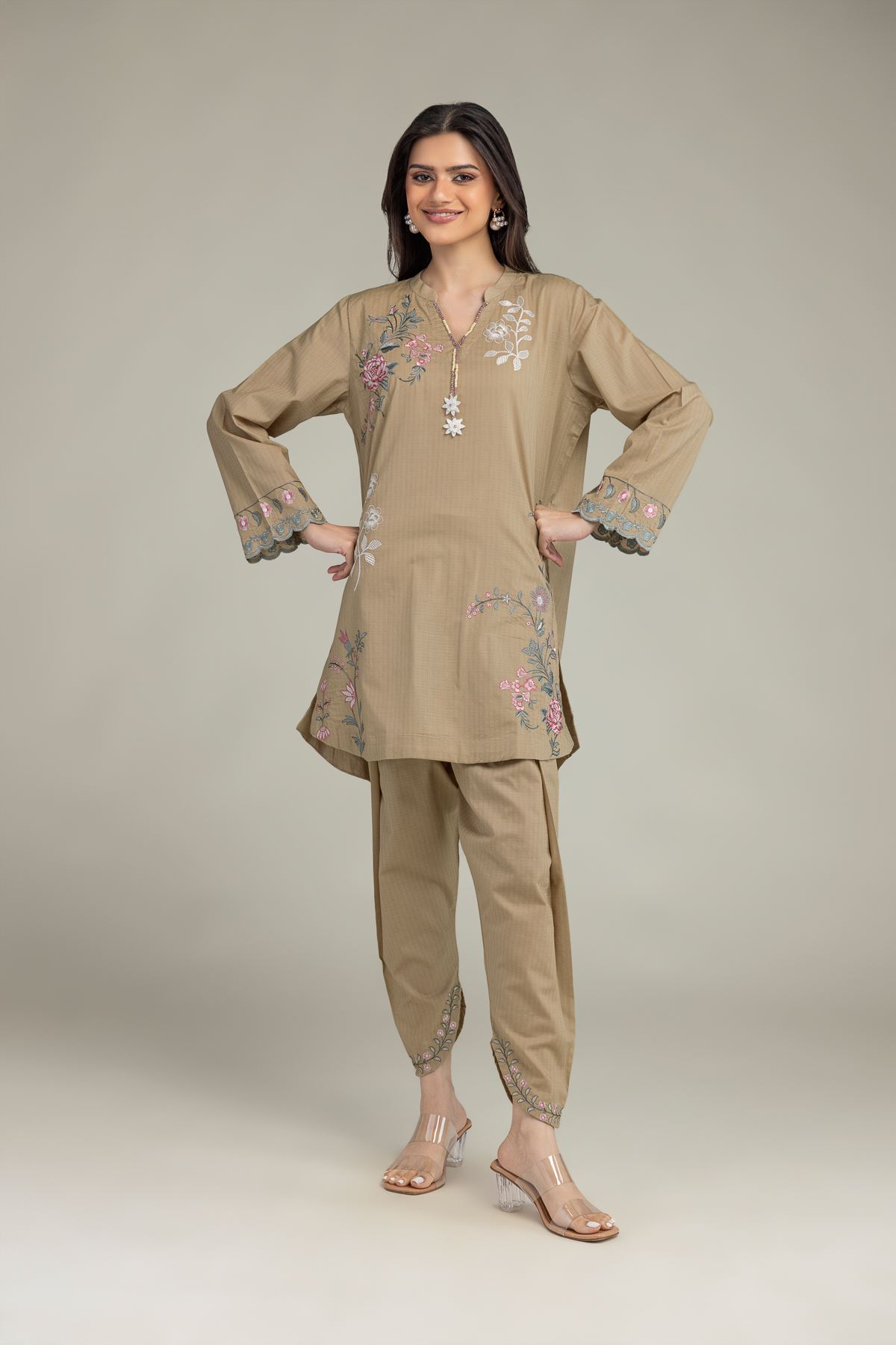 Embroidered Cotton Dobby Floral Beige Shalwar - 1-26-225-A-G2-VG