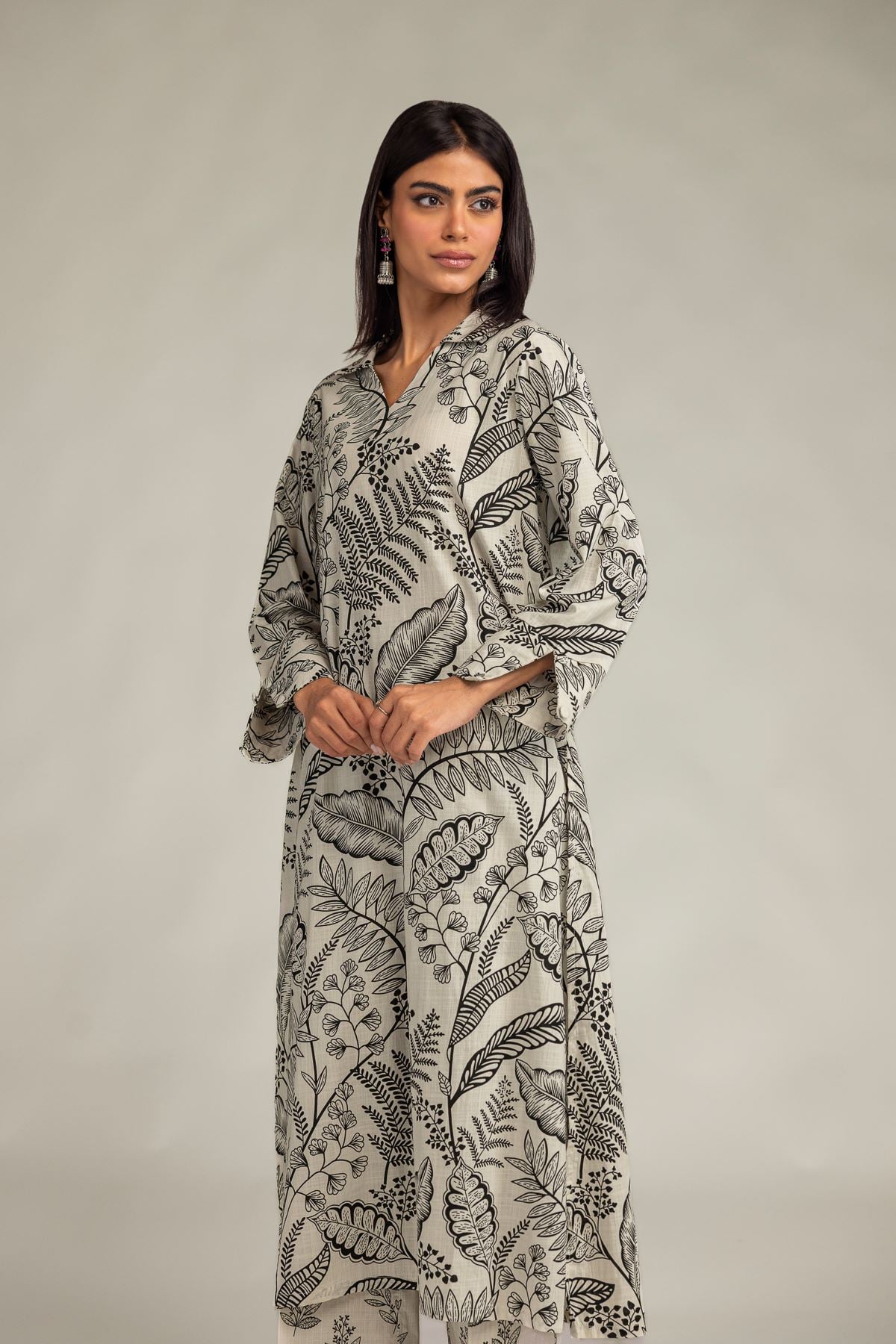 Printed Textured Cotton V-Neck Longline Kurta - 1-26-229-B-F1-VG