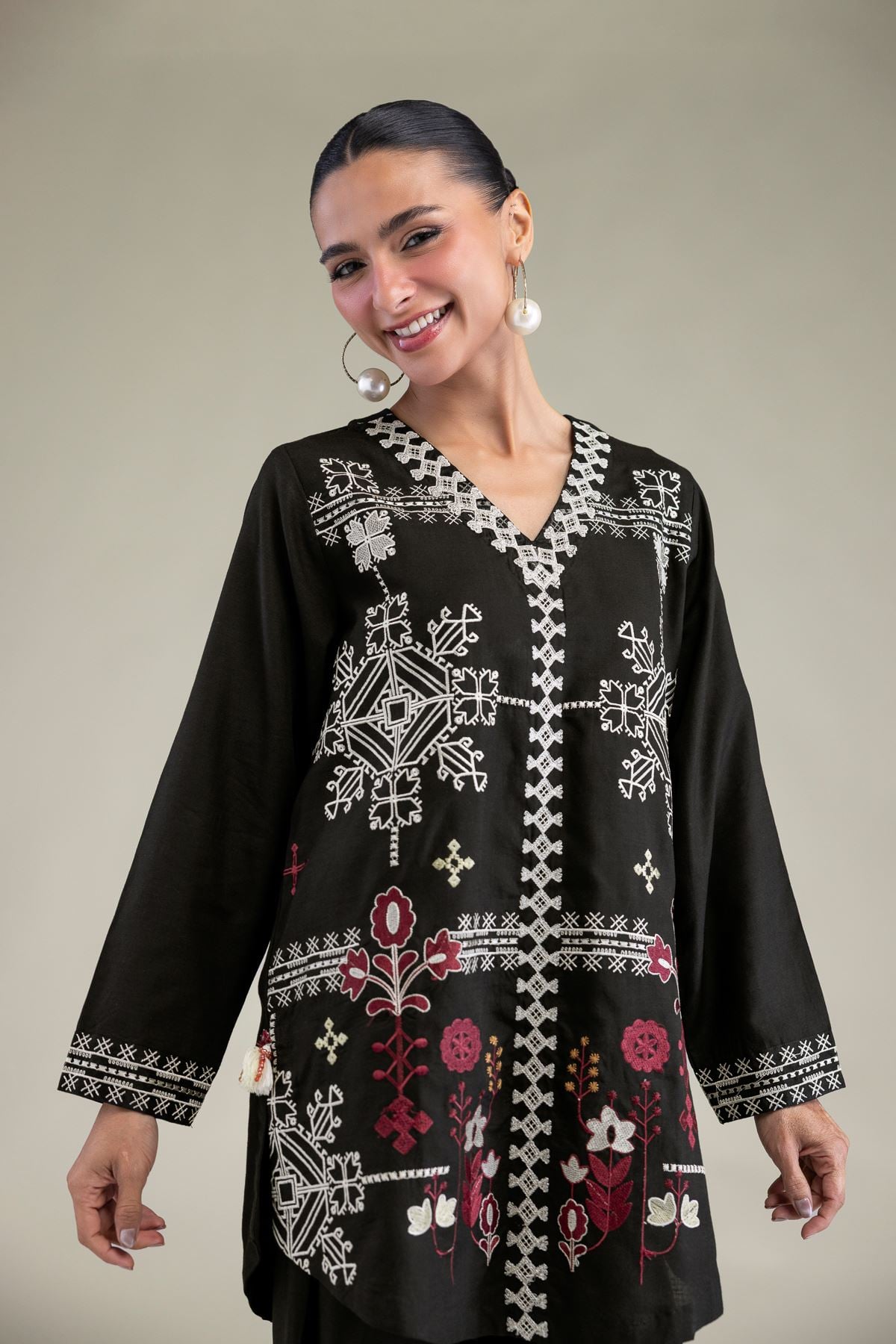 Embroidered Raw Silk Black Floral Kurta - 2-26-202-A-C-VG
