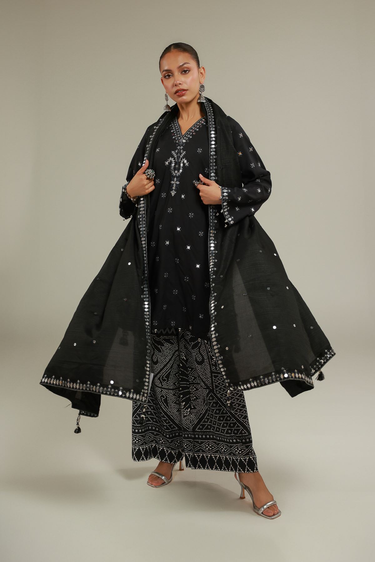 Embroidered Raw Silk Black Wide-Leg Pants - 2-26-101-A-D-VG