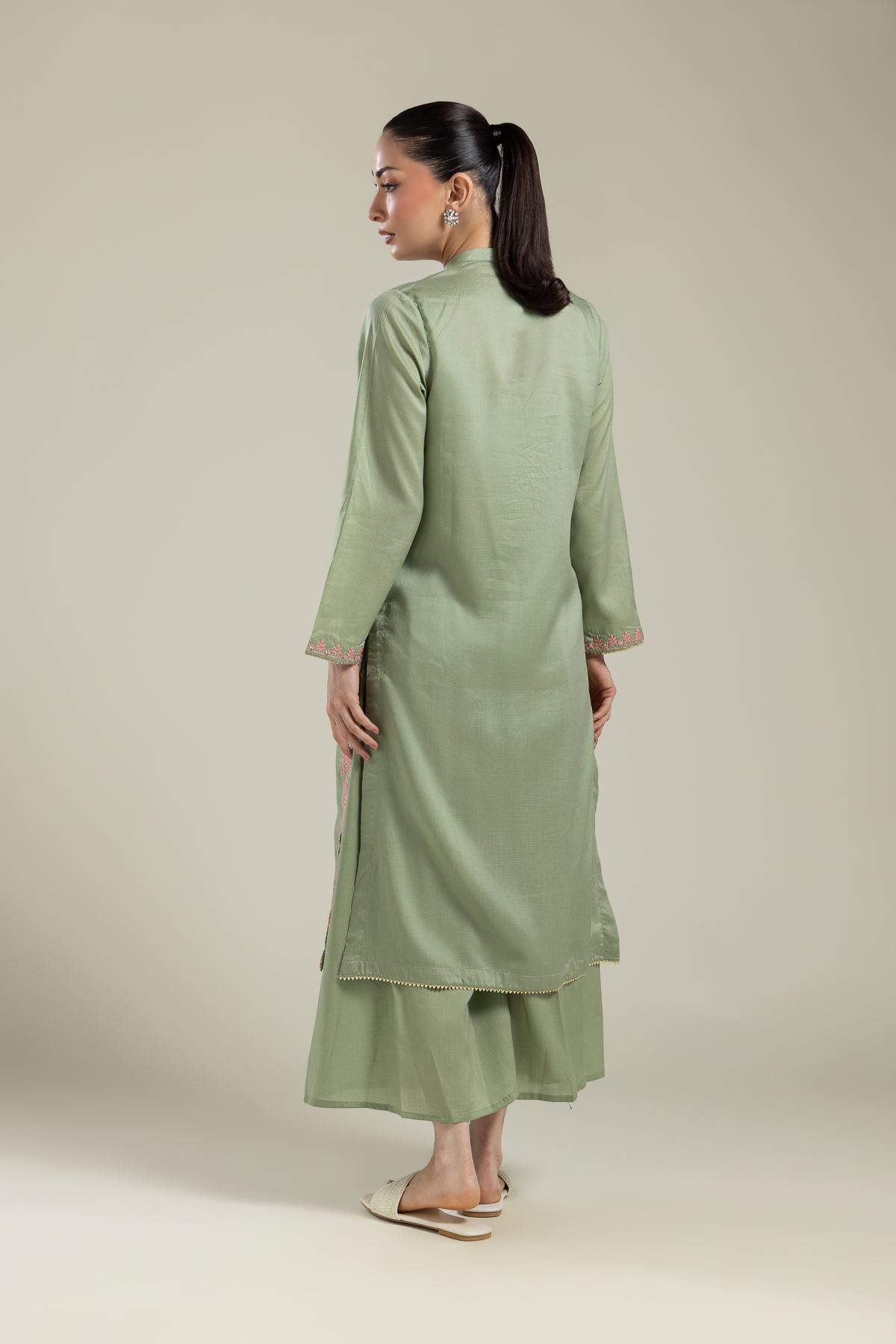 Embroidered Textured Weave Long Mint Kurta - 2-26-107-A-F-VG