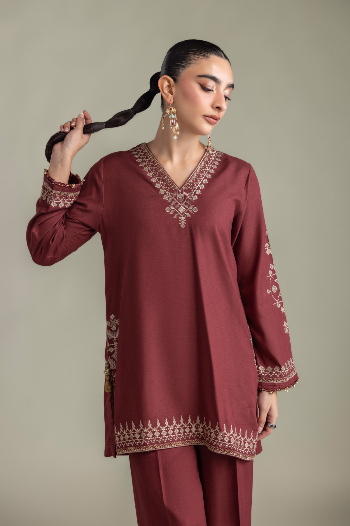 Embroidered Raw Silk Short Embroidered Kurta - 2-26-202-A-D-VG