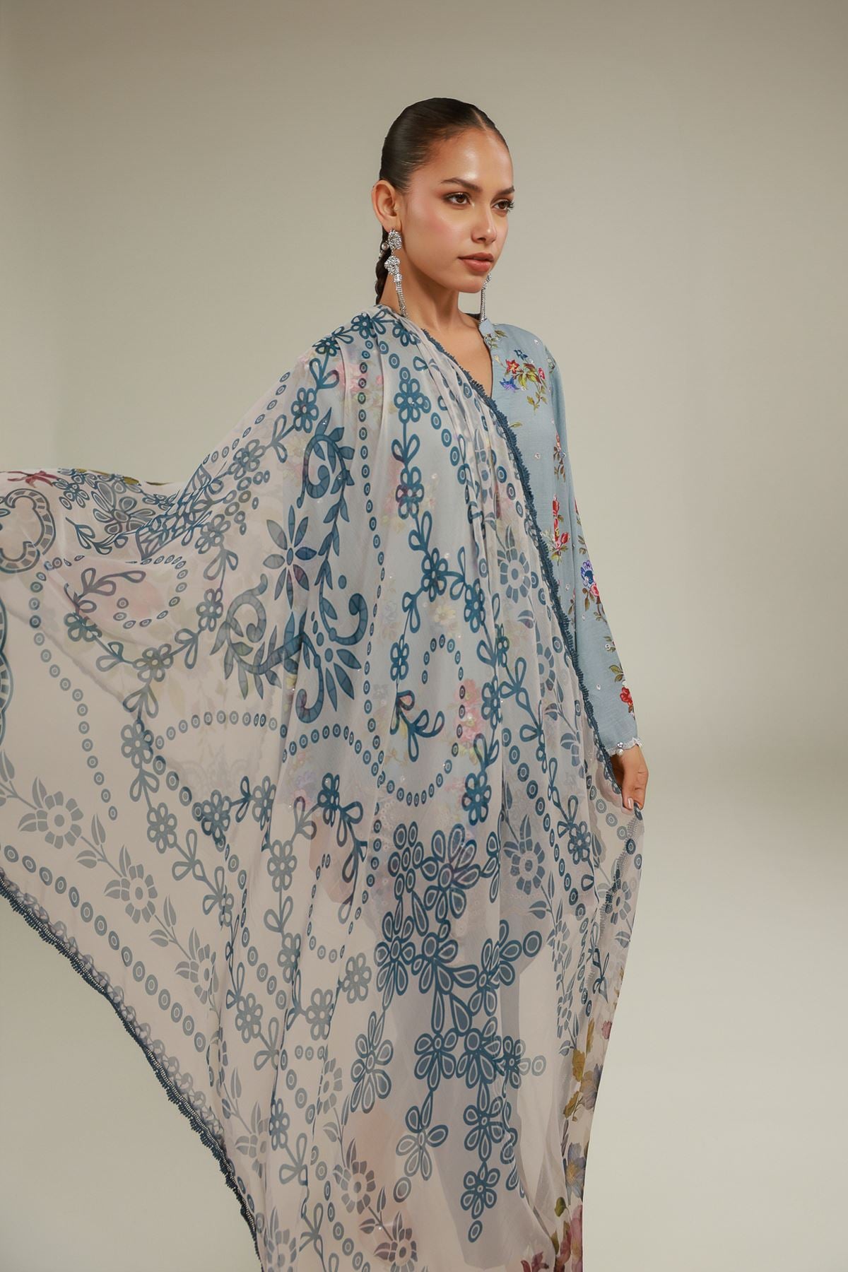 Embroidered Chiffon Floral Draped Dupatta - 2-26-101-A-D-VG
