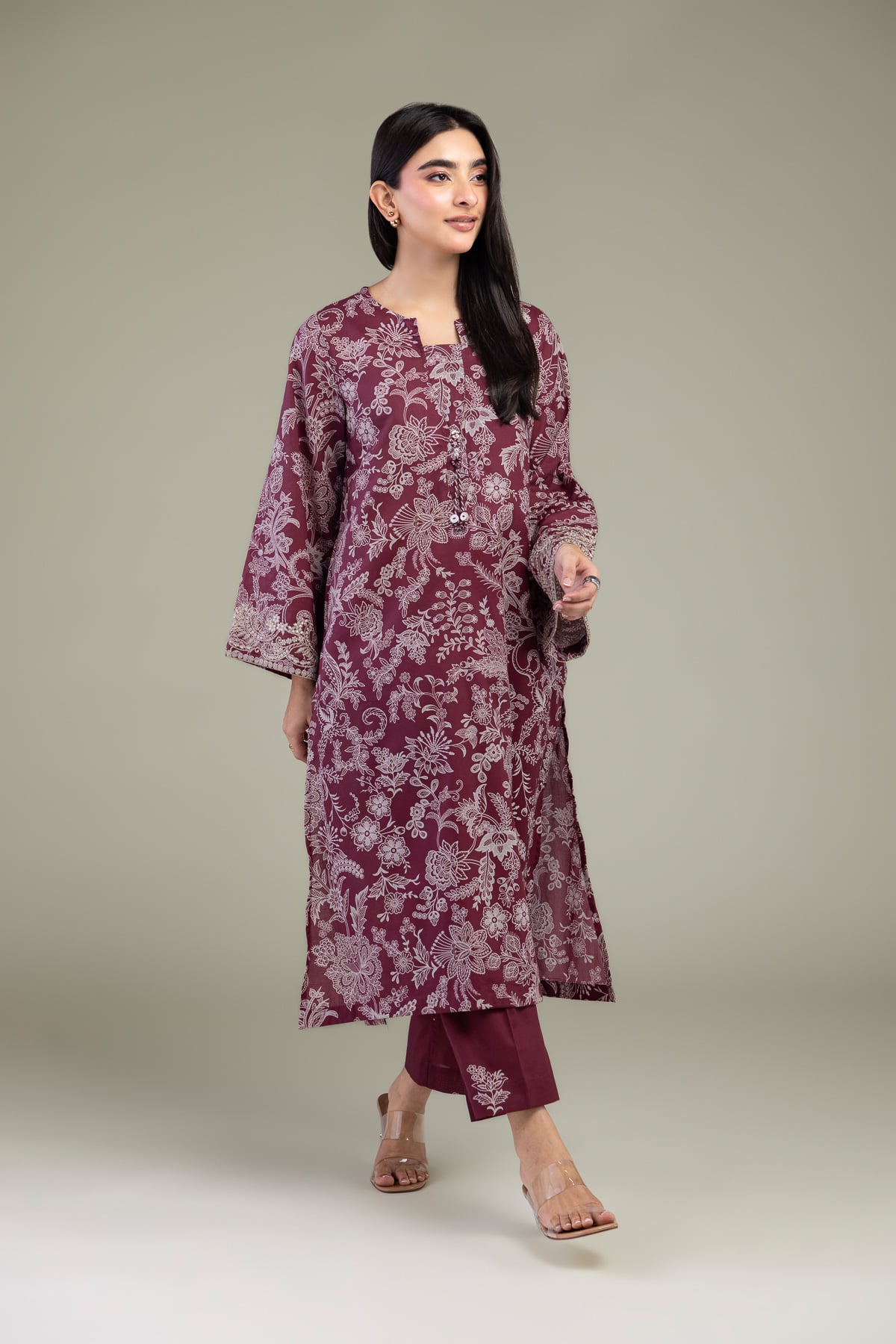 Embroidered Cambric Floral Maroon Pants - A22-26-214FH1-VG