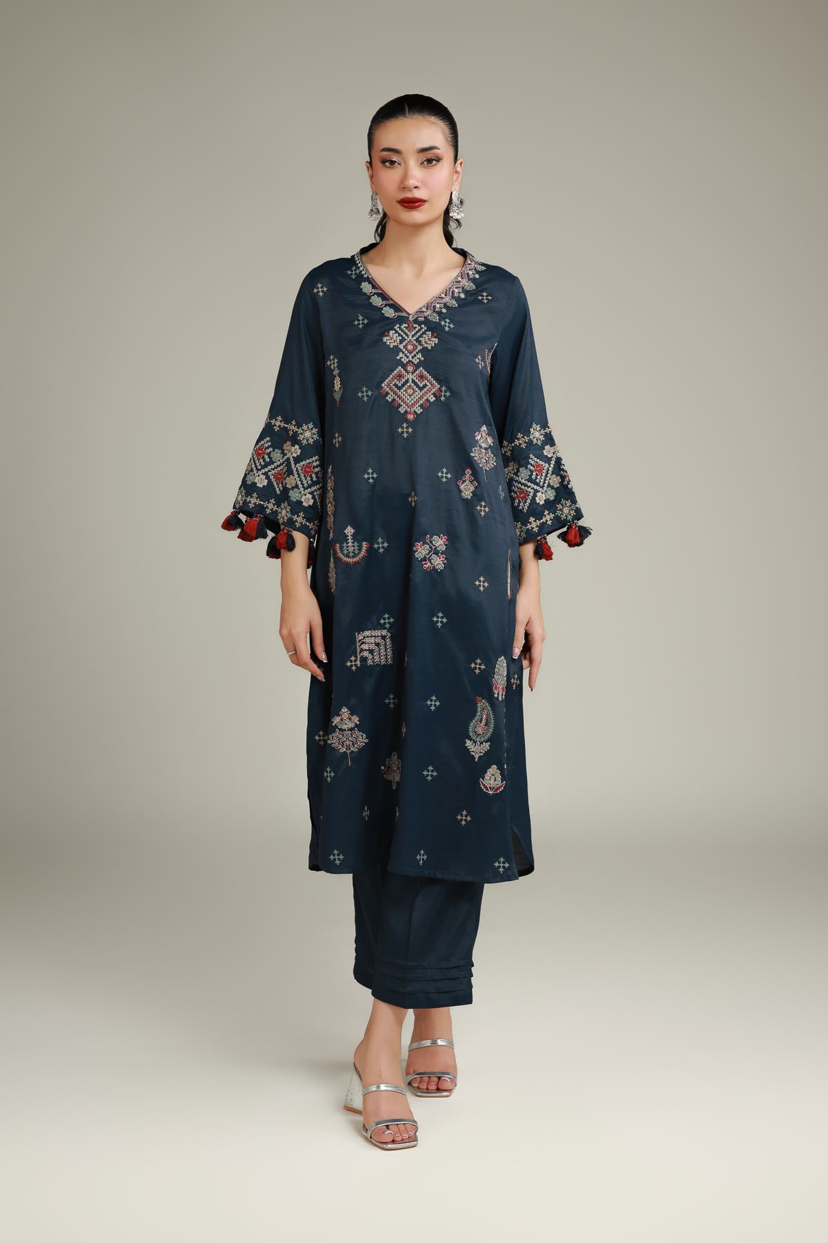 Embroidered Raw Silk Embroidered Navy Kurta - 2-26-108-F-D-VG
