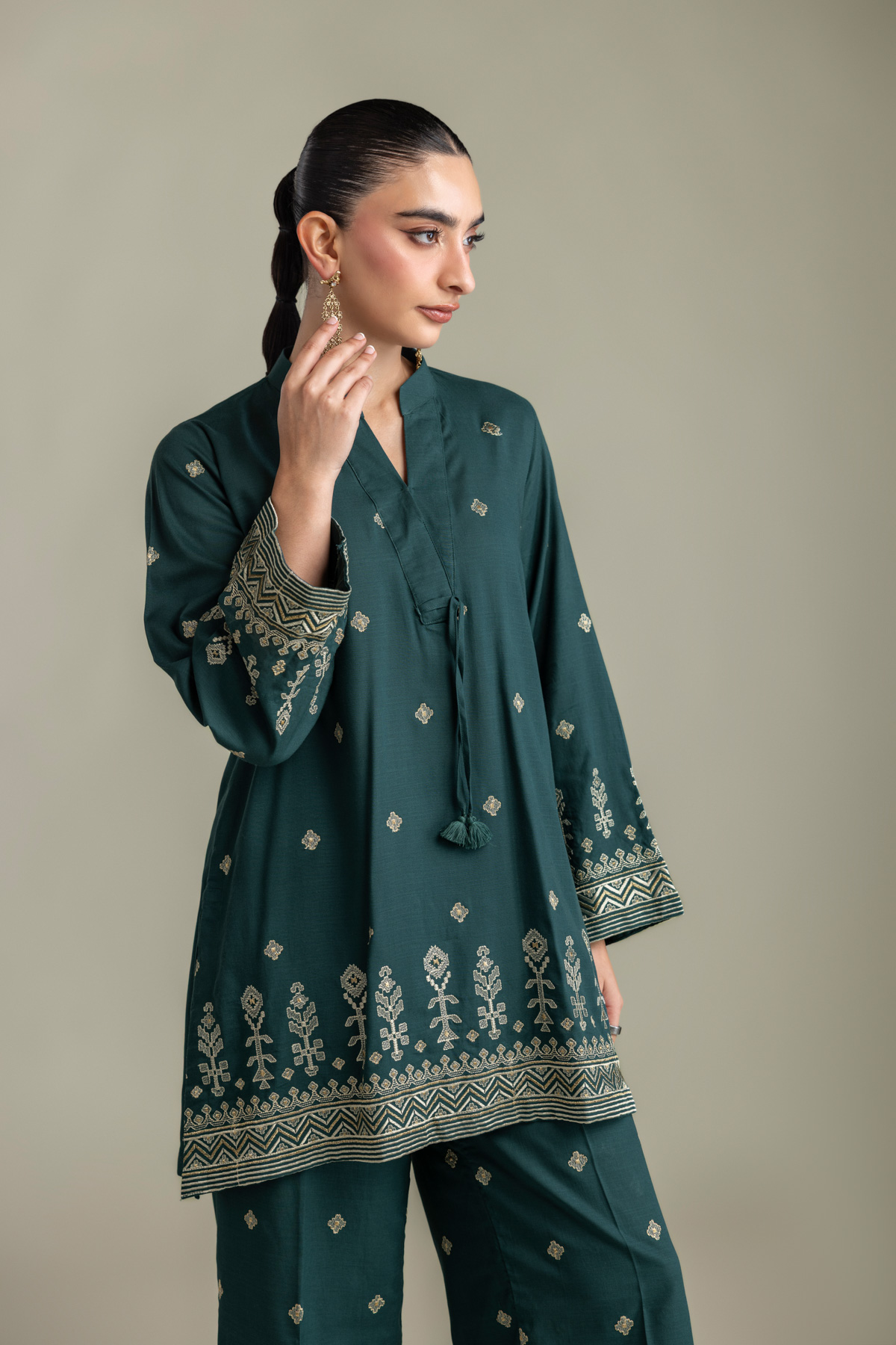 Embroidered Raw Silk Short V-Neck Kurta - 2-26-202-A-D-VG