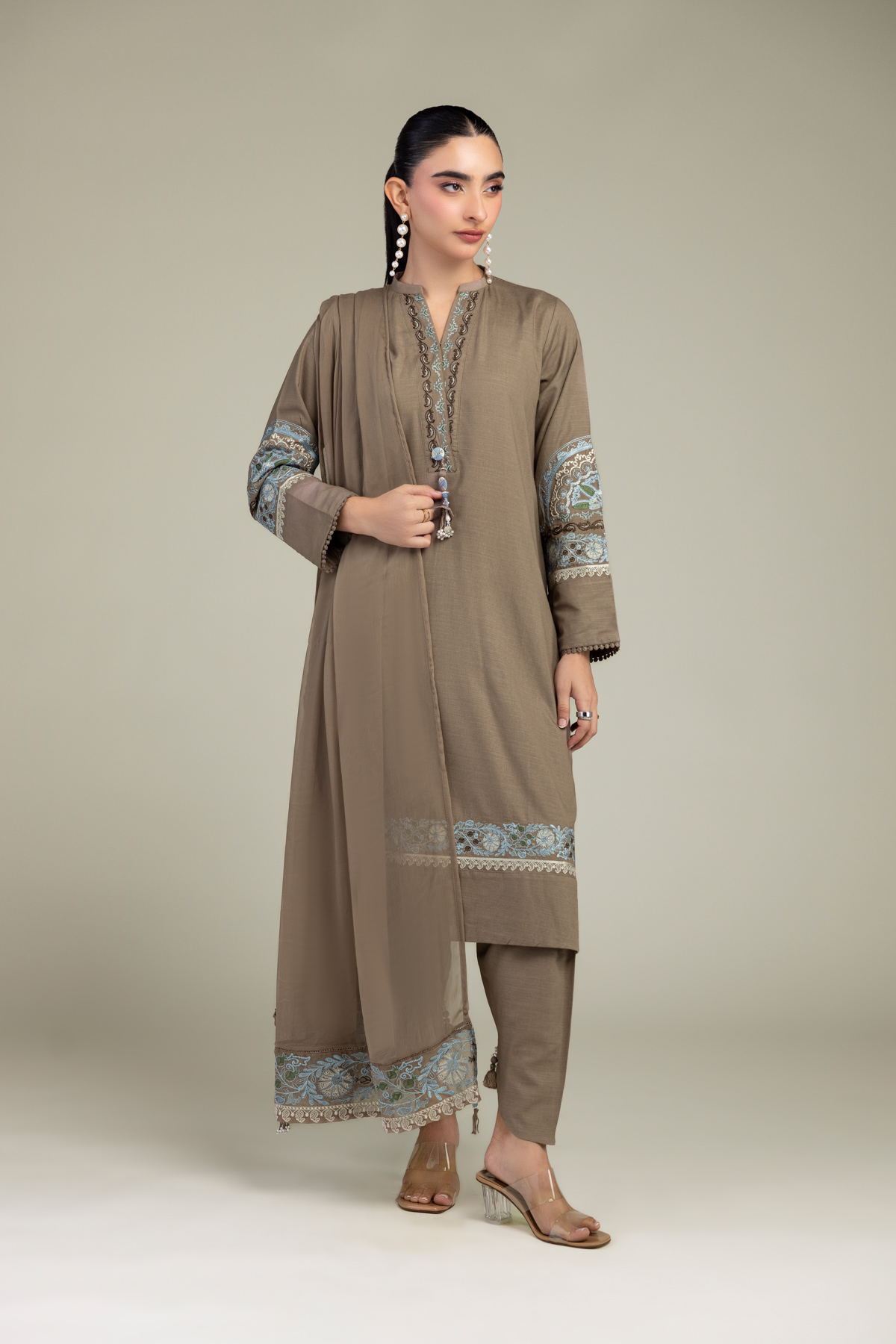 Embroidered Chiffon Brown Floral Dupatta - 1-26-309-B-D1-VG
