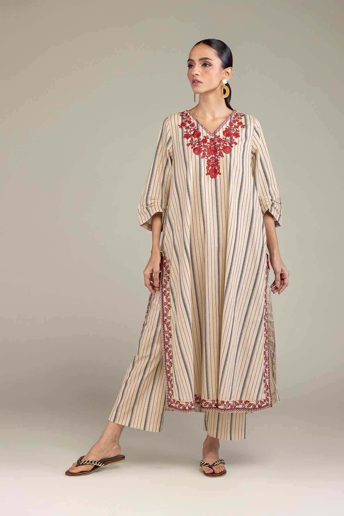 Embroidered Cambric Beige Cambric Pants - 1-26-210-A-B1-VG