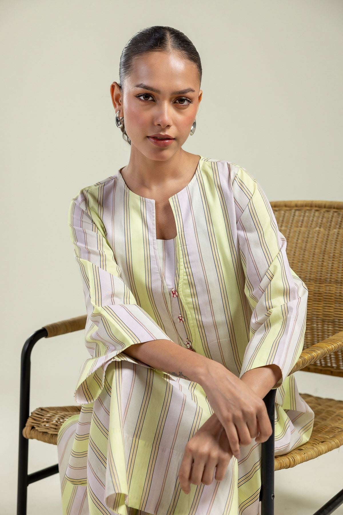 Printed Cambric Vertical Striped Kurta - 1-26-208-A-H2-VG