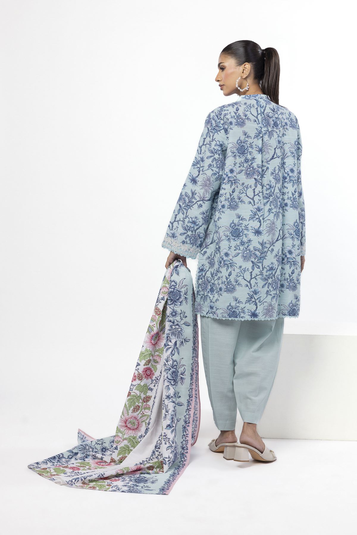 Embroidered Slub Cotton Fabrics 3 Piece - LKW76B-G-VG