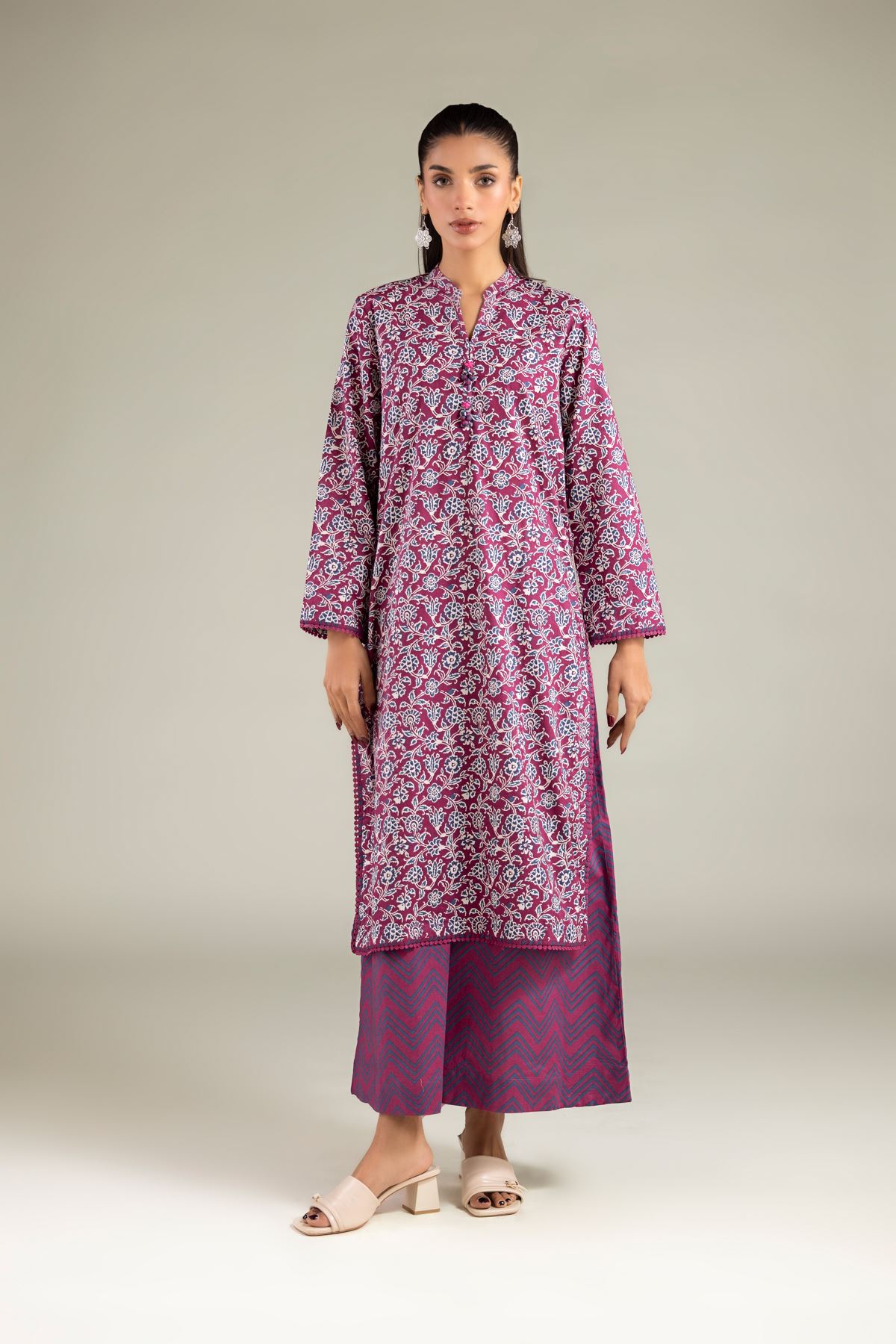 Printed Cambric Floral Longline Kurta - 1-26-125-A-D-VG