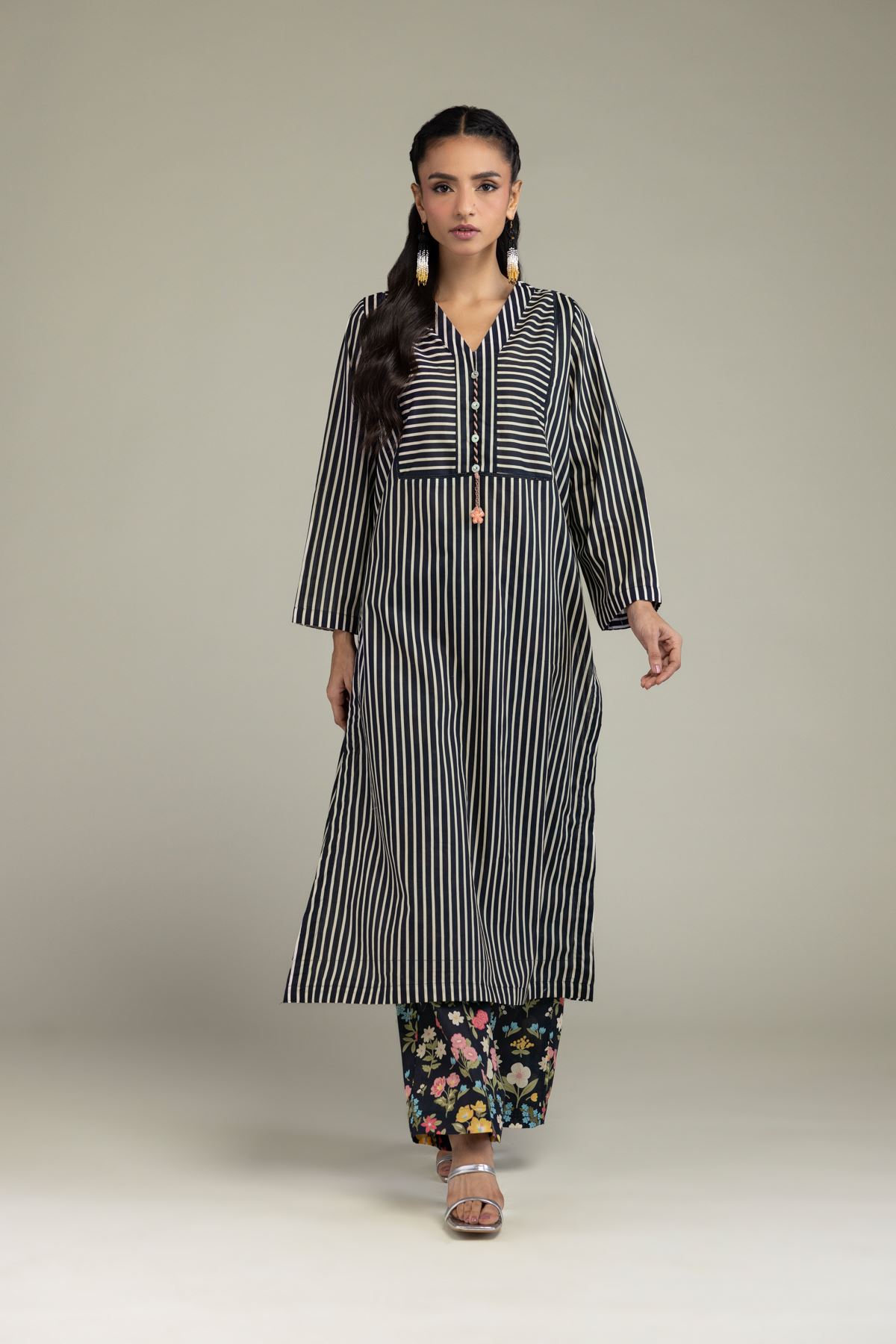 Printed Cambric V-Neck Longline Kurta - 1-26-205-A-F1-VG