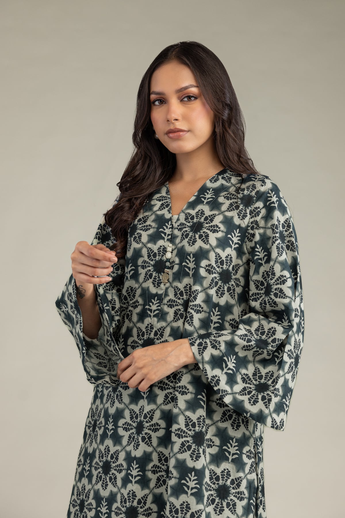 Printed Cotton Dobby Floral Longline Kurta - 1-26-102-A-F-VG