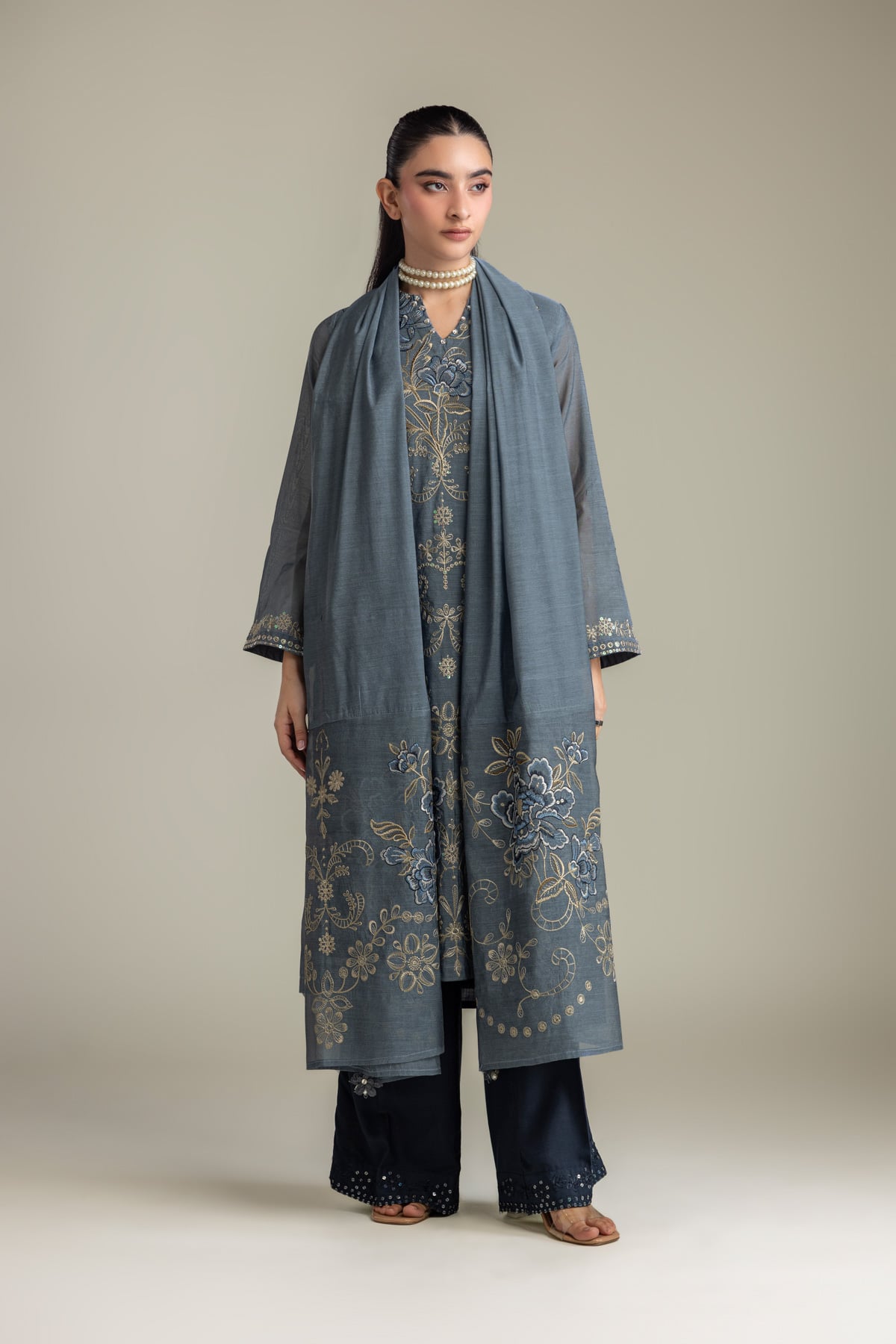 Embroidered Raw Silk Floral Navy Pants - 2-26-418-A-A1-VG