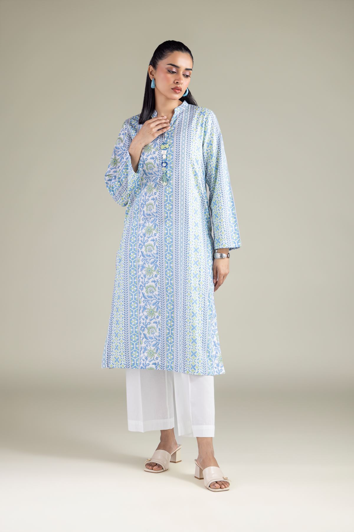 Printed Cambric Geometric Band-Collar Kurta - 1-26-119-A-F-VG