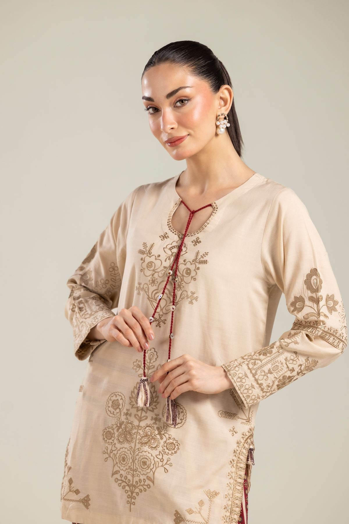 Embroidered Raw Silk Floral Beige Kurta - 2-26-202-A-E-VG