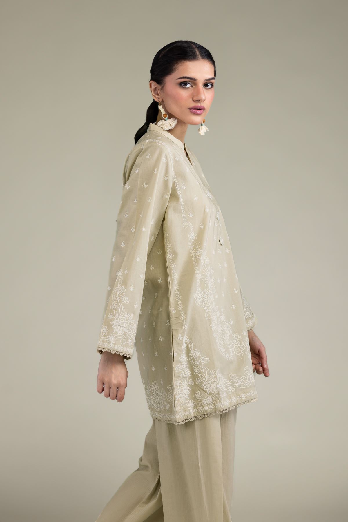 Printed Cambric Beige Band-Collar Kurta - T-A11-26-106FI2-VG