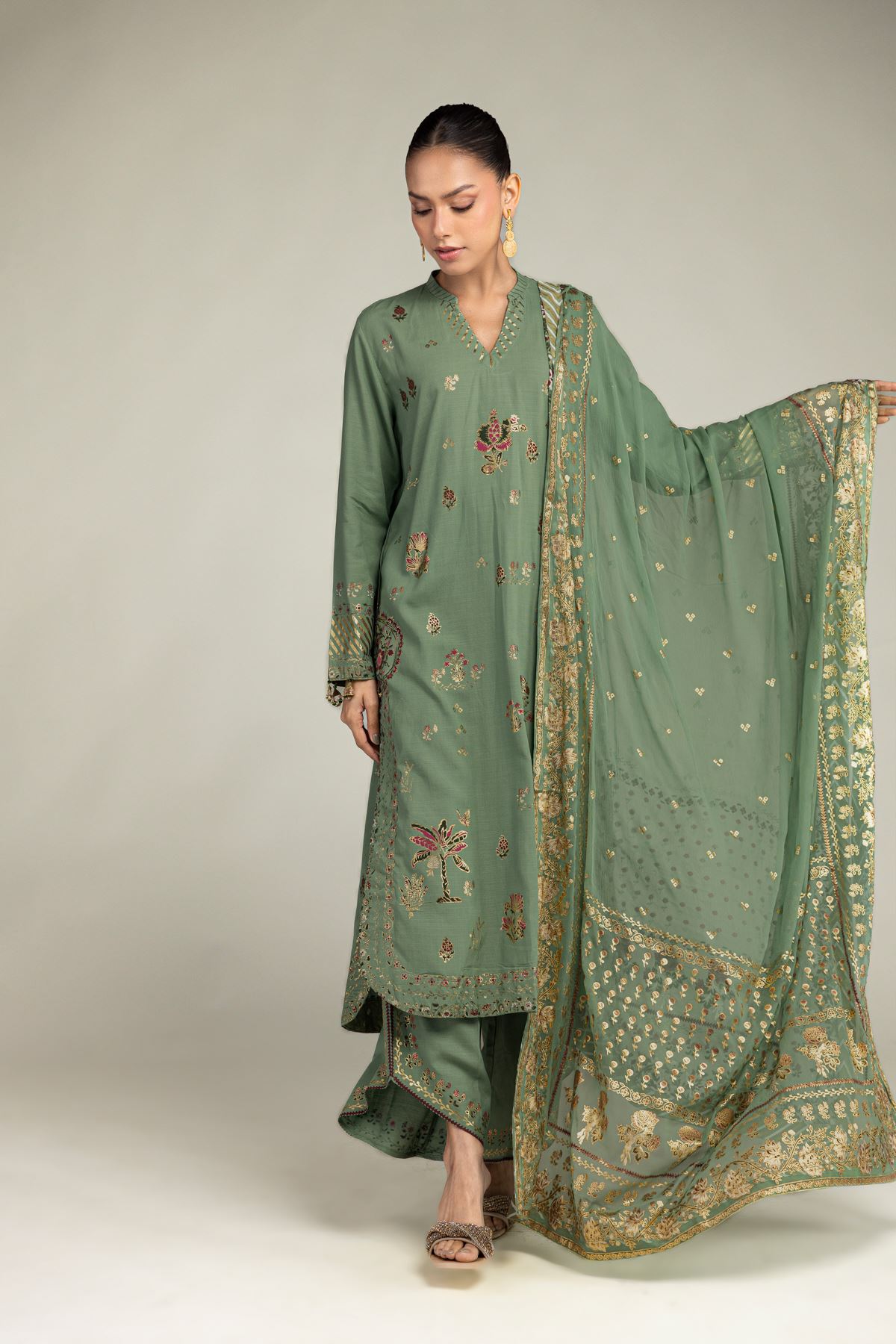 Embroidered Raw Silk 3-Piece Co-ords Set - 8-26-304-A-B1-VG