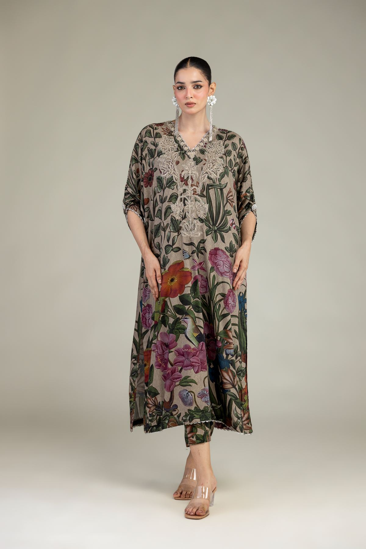 Embroidered Raw Silk Floral Long Kurta - 2-26-203-A-F1-VG