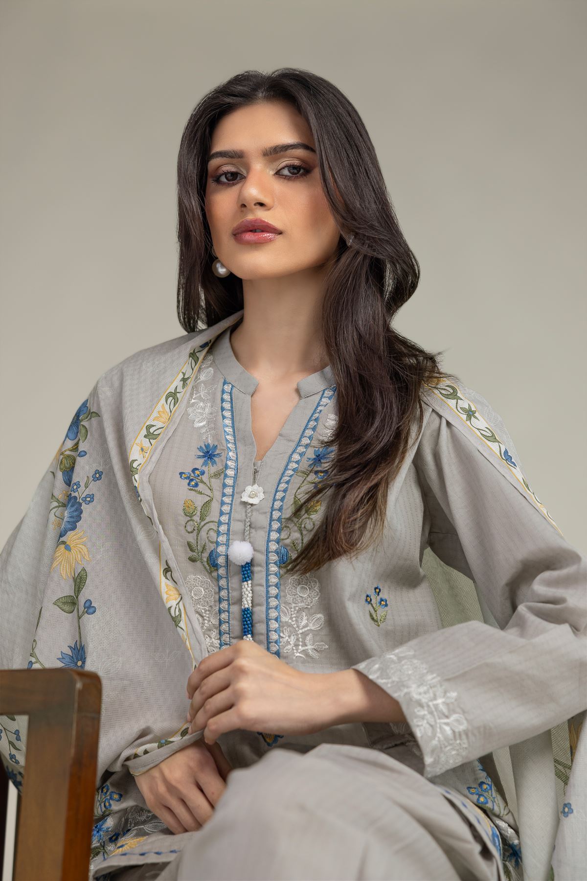 Embroidered Cotton Net Gray Floral Dupatta - 1-26-225-A-C1-VG