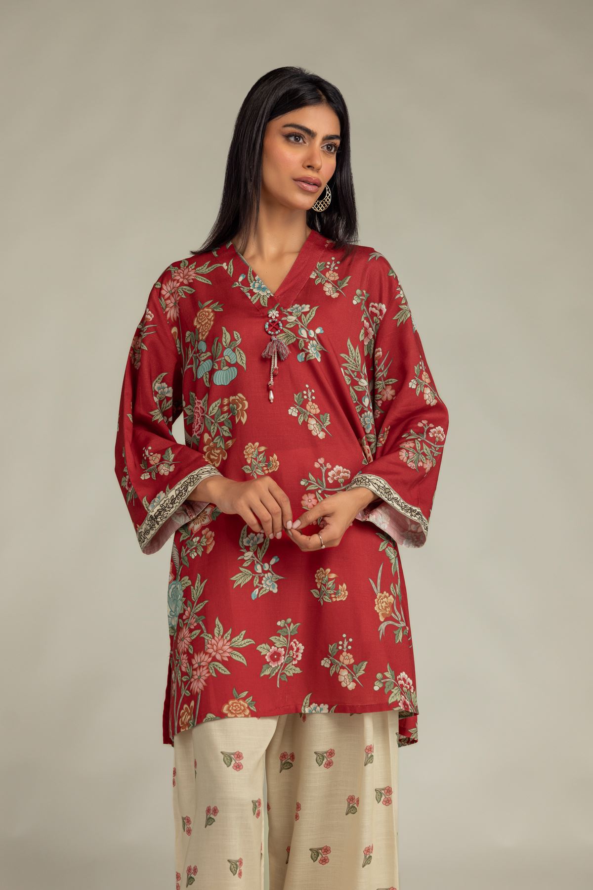Printed Raw Silk Floral Red Kurta - 1-26-229-B-F1-VG