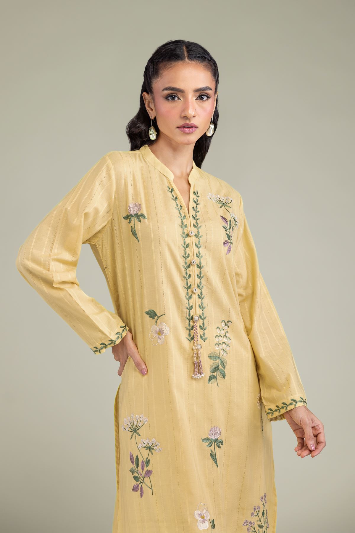 Embroidered Textured Cotton Cotton Longline Kurta - 1-26-206-A-F1-VG