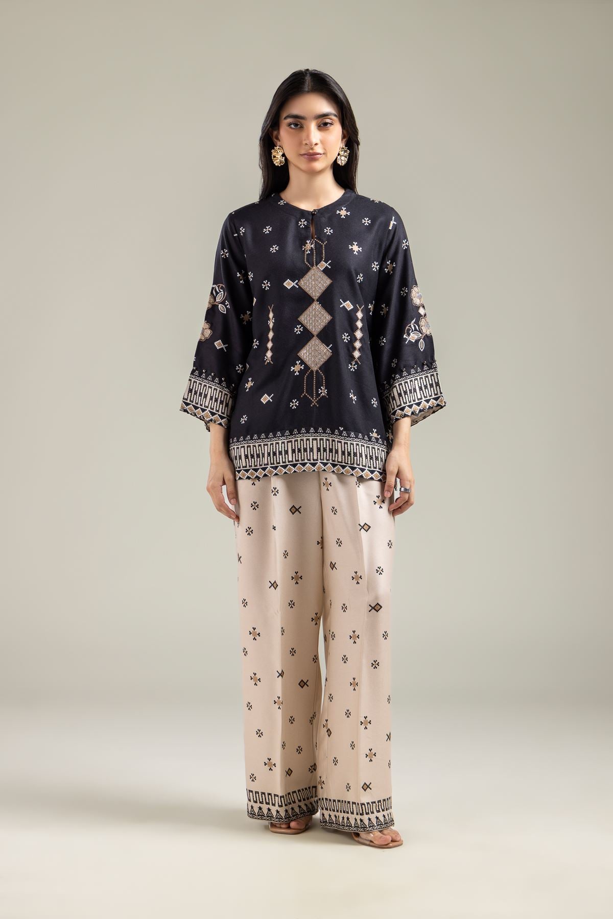 Embroidered Viscose Crepe Geometric Beige Trousers - 1-26-142-A-D-VG