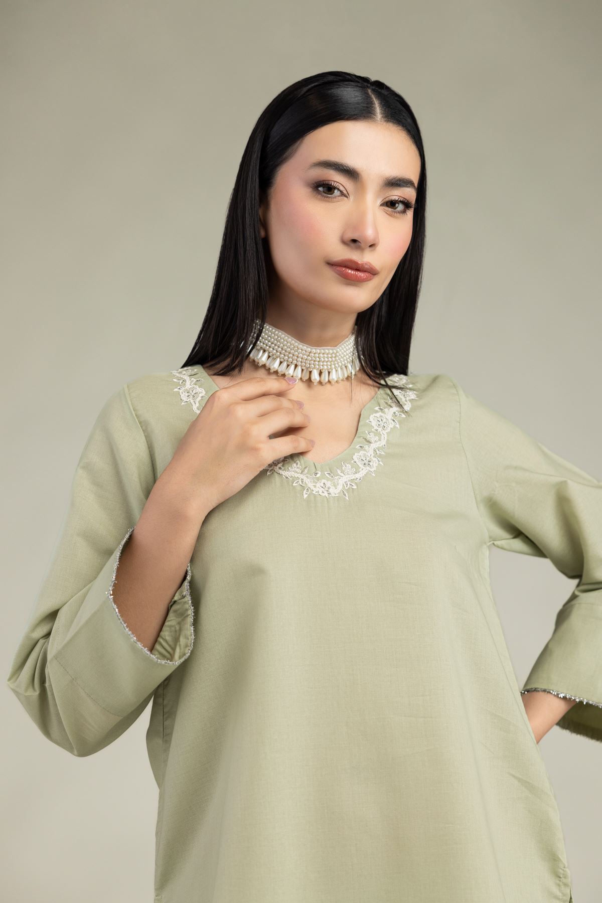 Embroidered Mesuri V-Neck Mint Kurta - 1-26-205-A-F1-VG