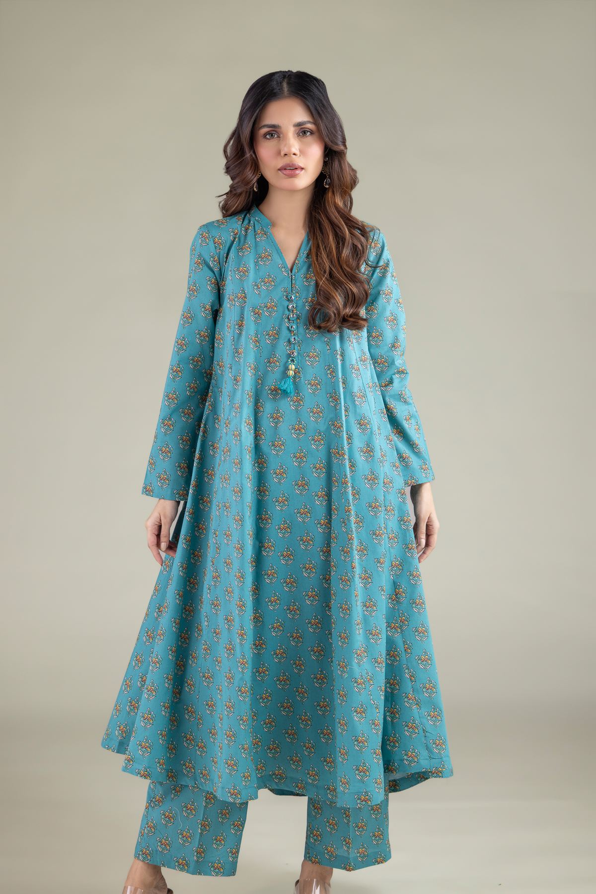 Printed Cambric Floral V-Neck Kurta - 1-26-140-A-H-VG