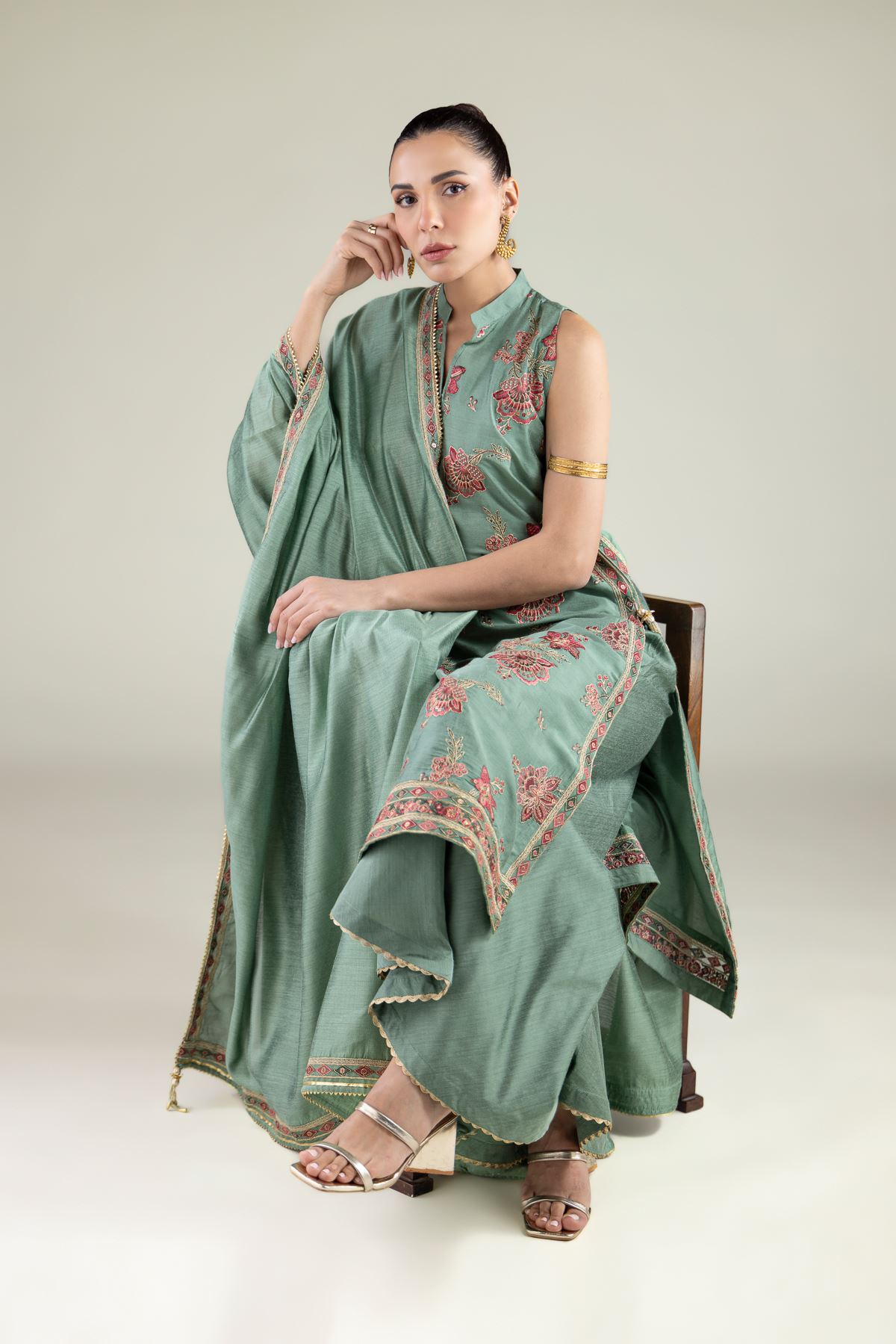 Embroidered Raw Silk Sleeveless Longline Kurta - 2-26-102-A-H-VG