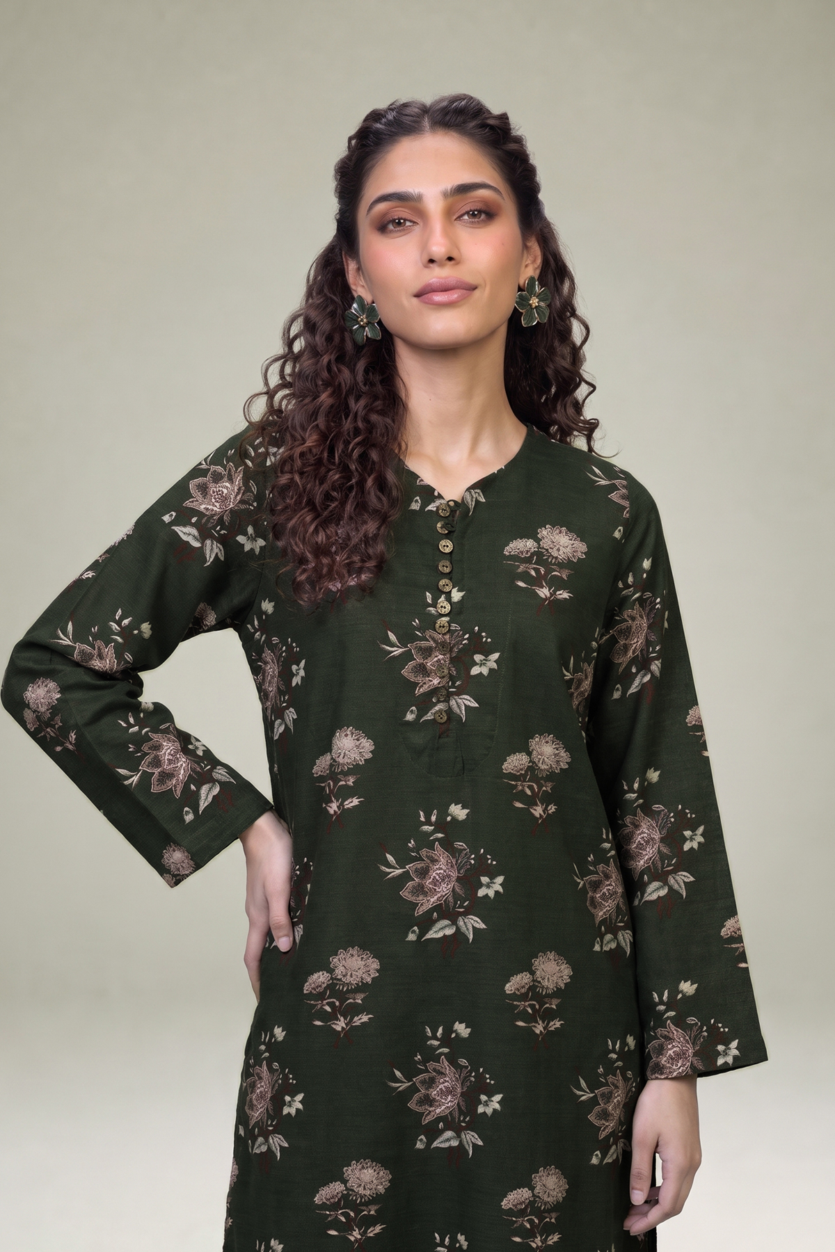 Printed Light Khaddar Longline Floral Kurta - 1-26-415-A-F2-VG