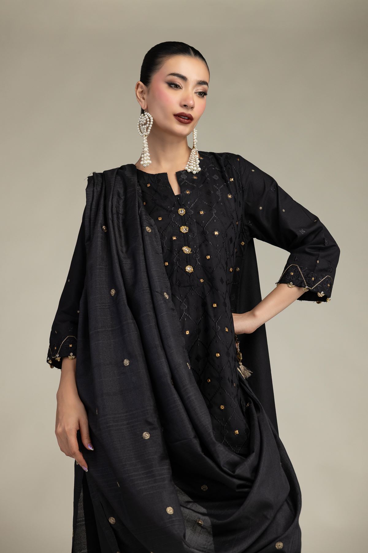 Embroidered Polyester Silk Black Silk Dupatta - 2-26-207-C-J1-VG