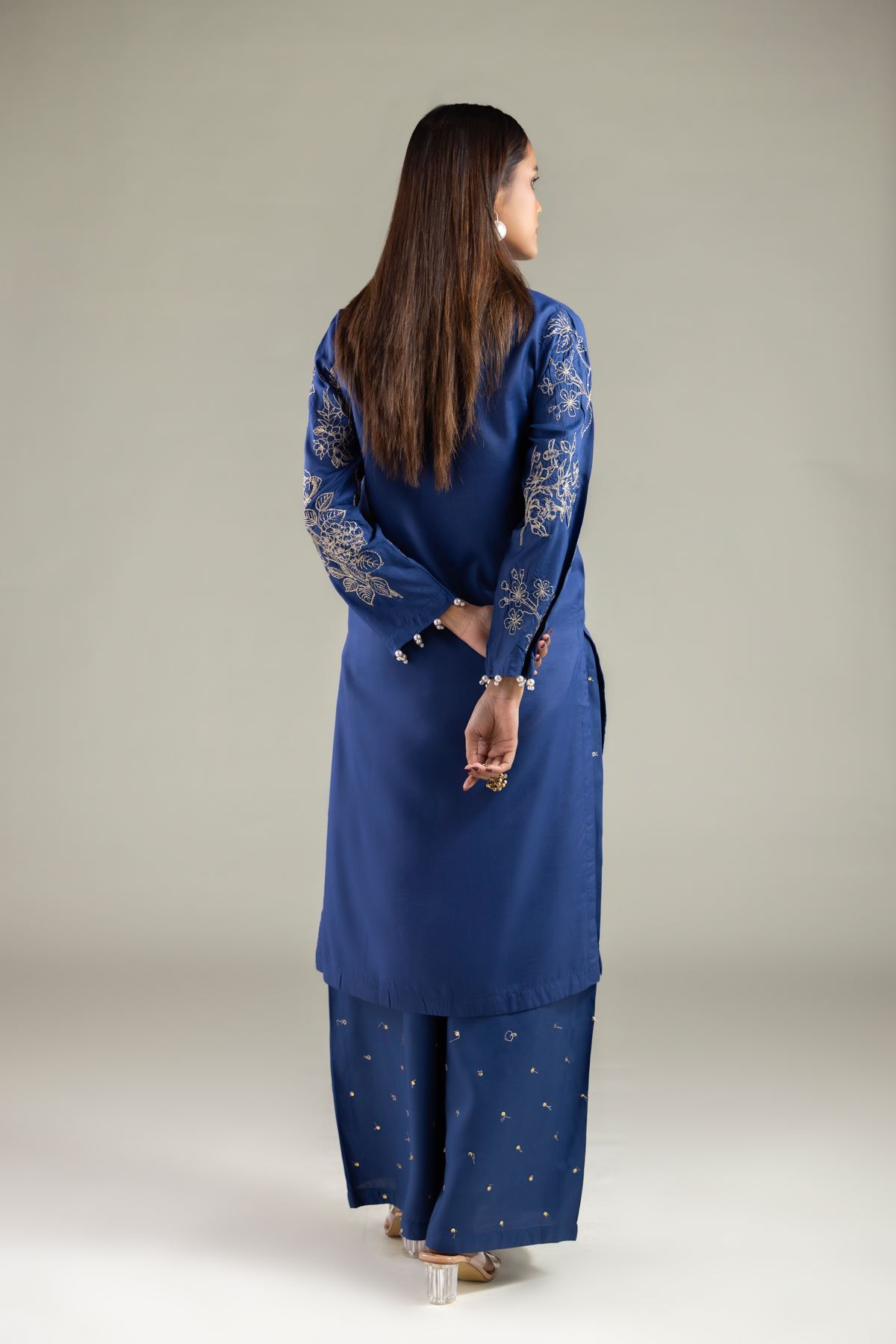 Embroidered Raw Silk Floral Longline Kurta - 2-26-101-A-B-VG