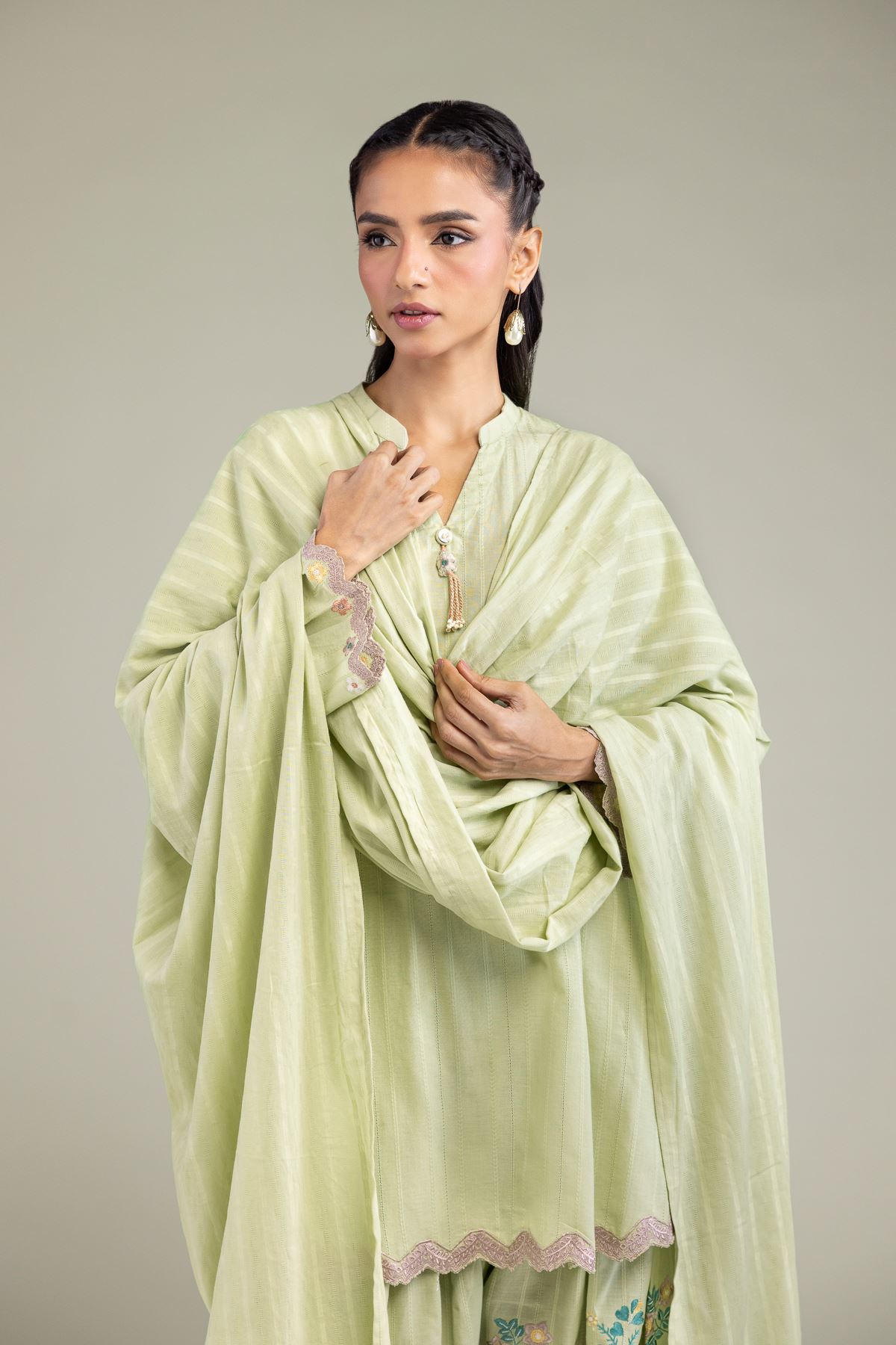 Embroidered Textured Cotton Solid Cotton Dupatta - 1-26-131-A-G-VG