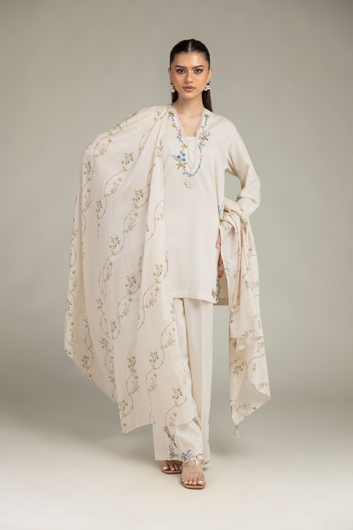 Embroidered Cotton Dobby Cotton V-Neck Kurta - 1-26-203-A-C1-VG