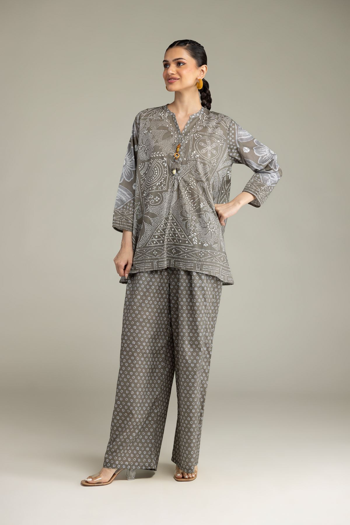 Printed Viscose Crepe Gray Viscose Trousers - 8-26-206-A-A1-VG