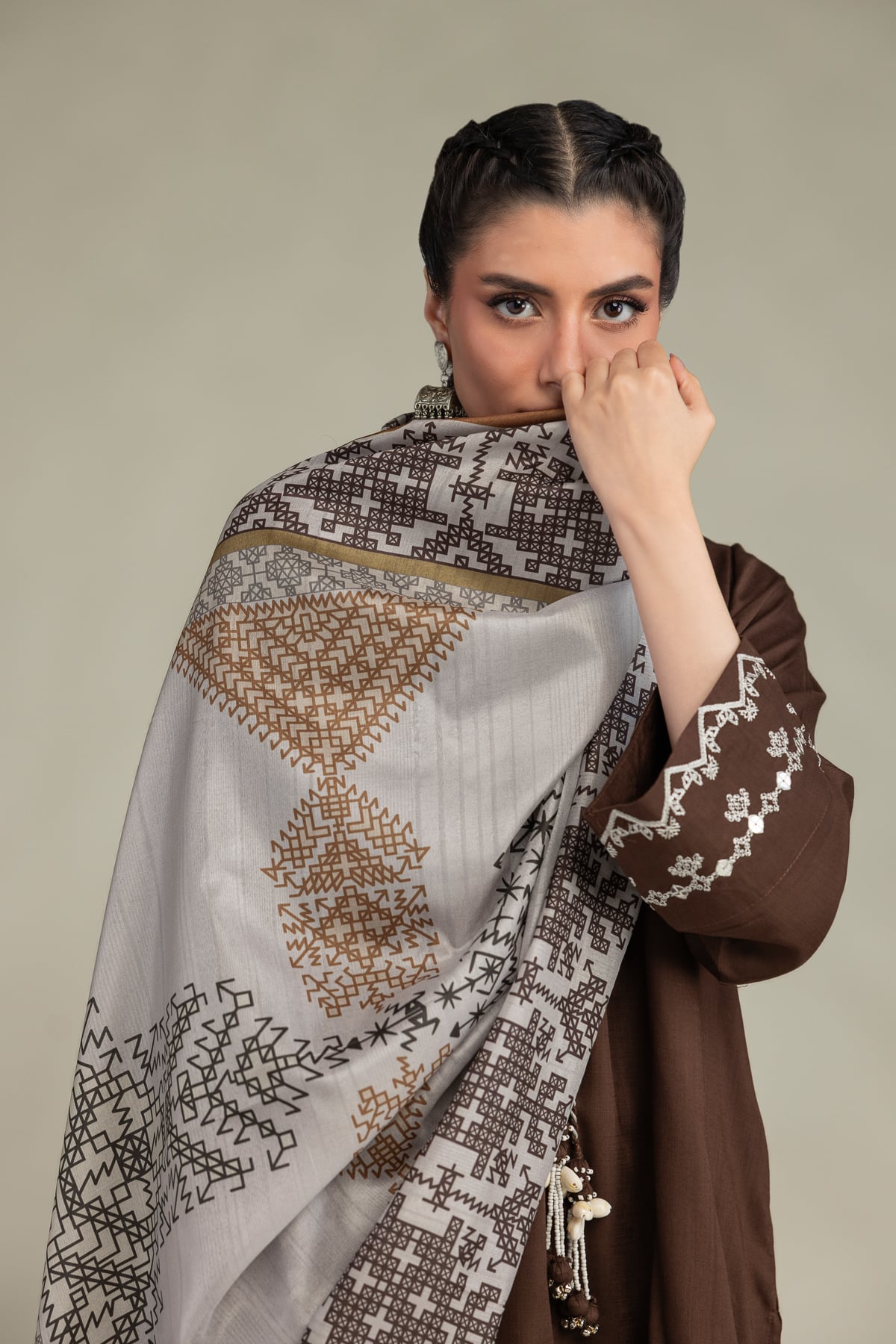 Embroidered Polyester Silk Brown Silk Dupatta - 1-26-102-A-F-VG