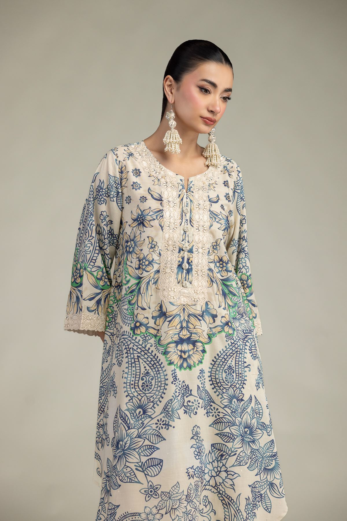 Embroidered Raw Silk Floral Round-Neck Kurta - 2-26-207-A-C1-VG
