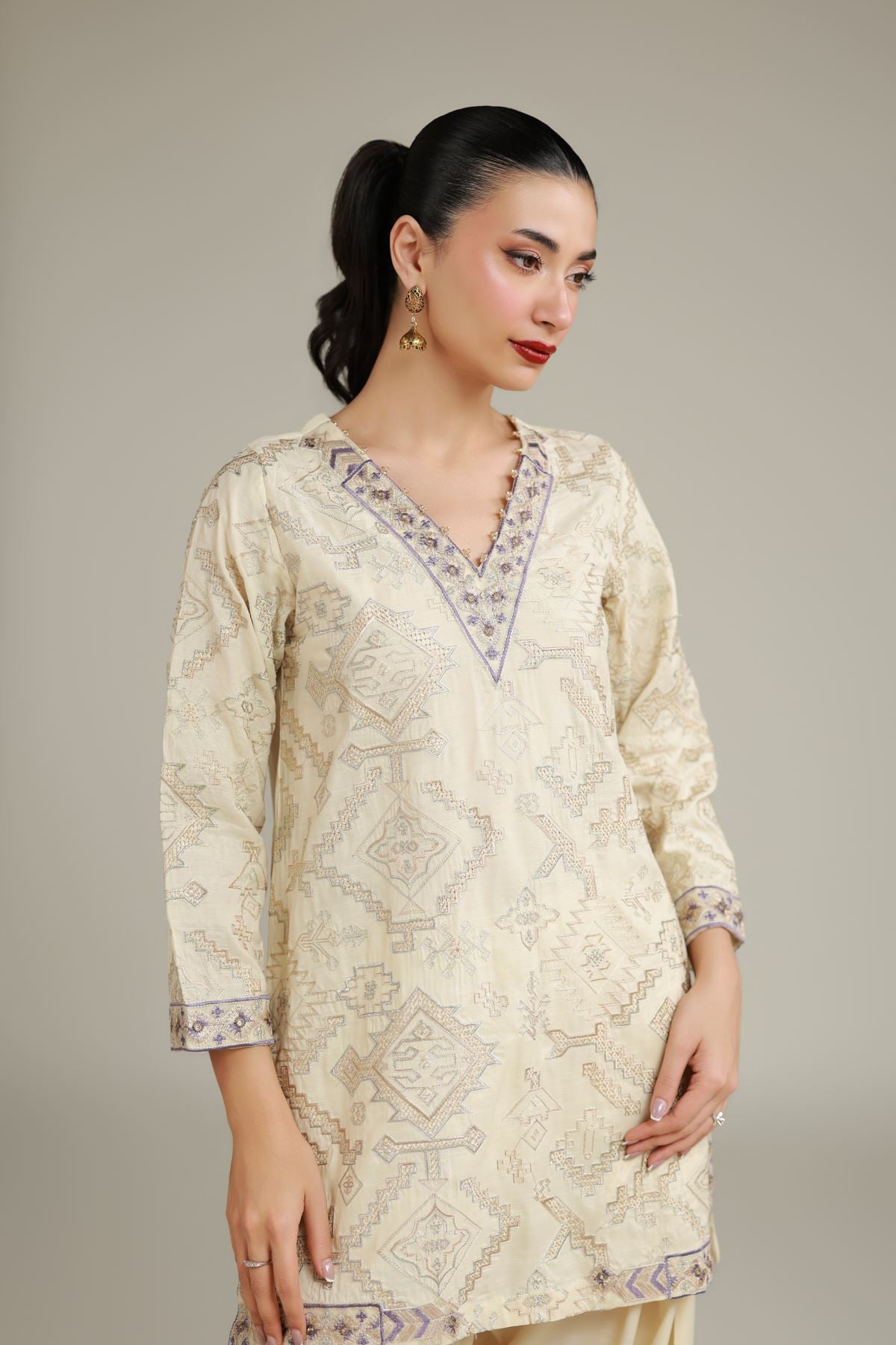 Embroidered Raw Silk Geometric Silk Kurta - 1-26-108-A-F-VG