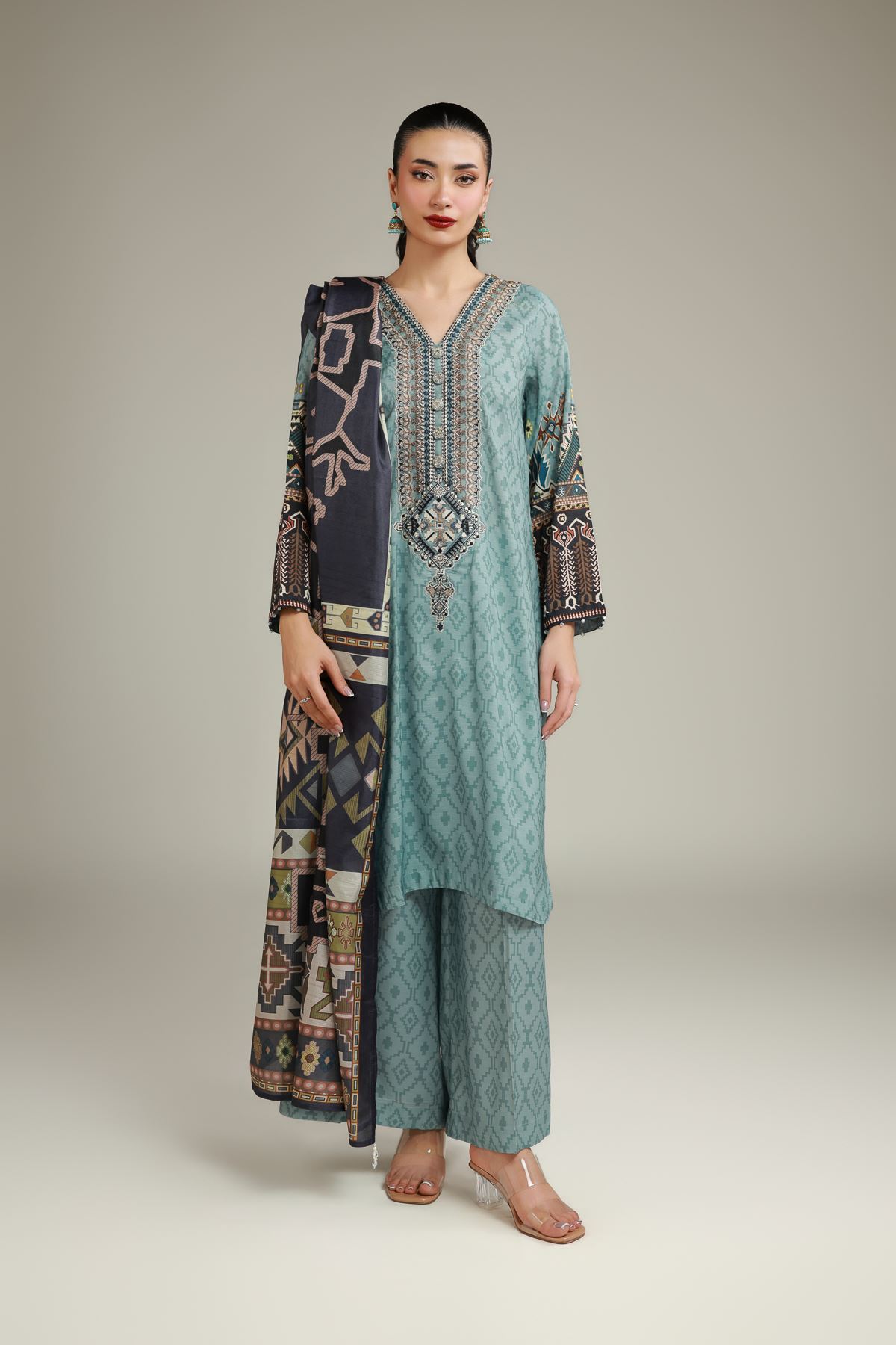 Embroidered Raw Silk Relaxed Teal Pants - 2-26-102-A-D-VG